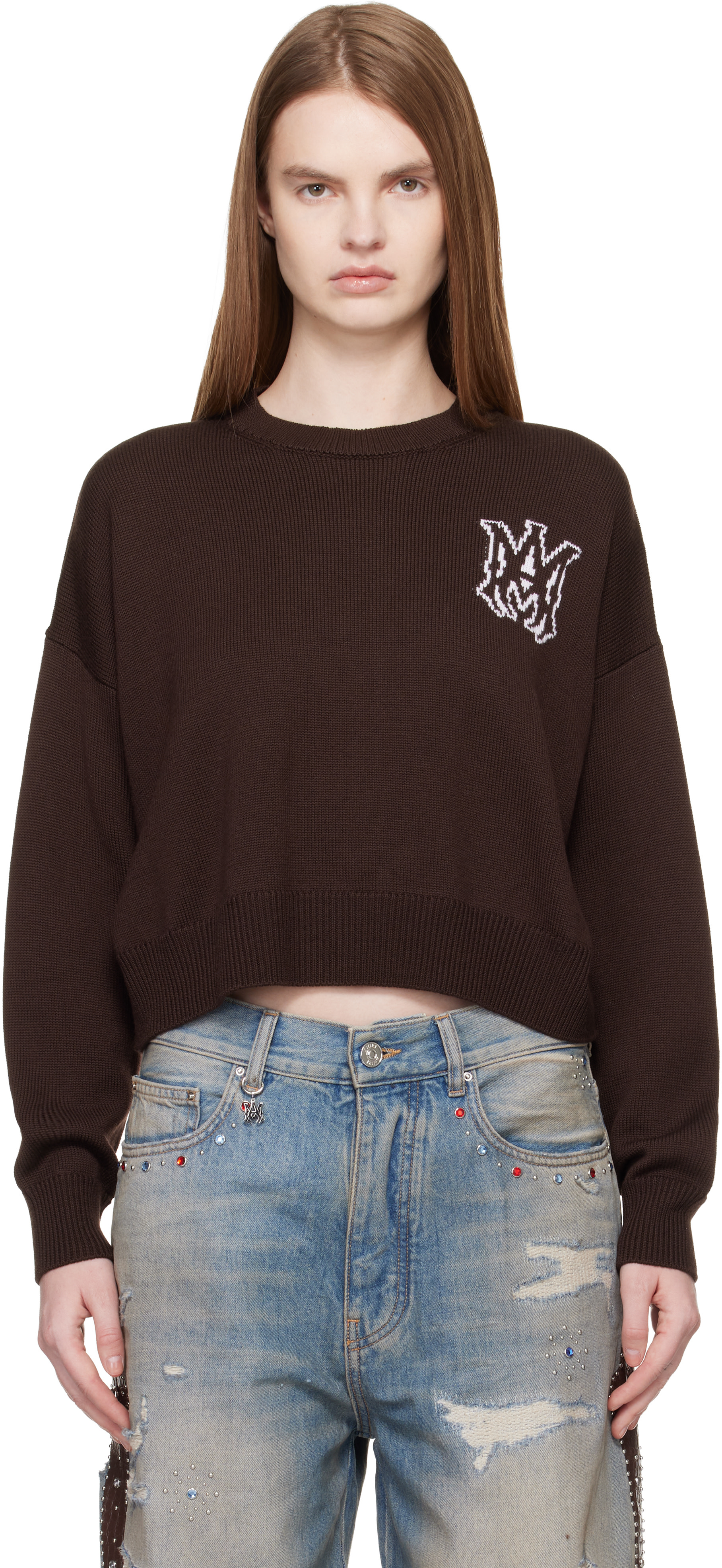 AMIRI - Pull brun à monogramme et à col ras du cou
