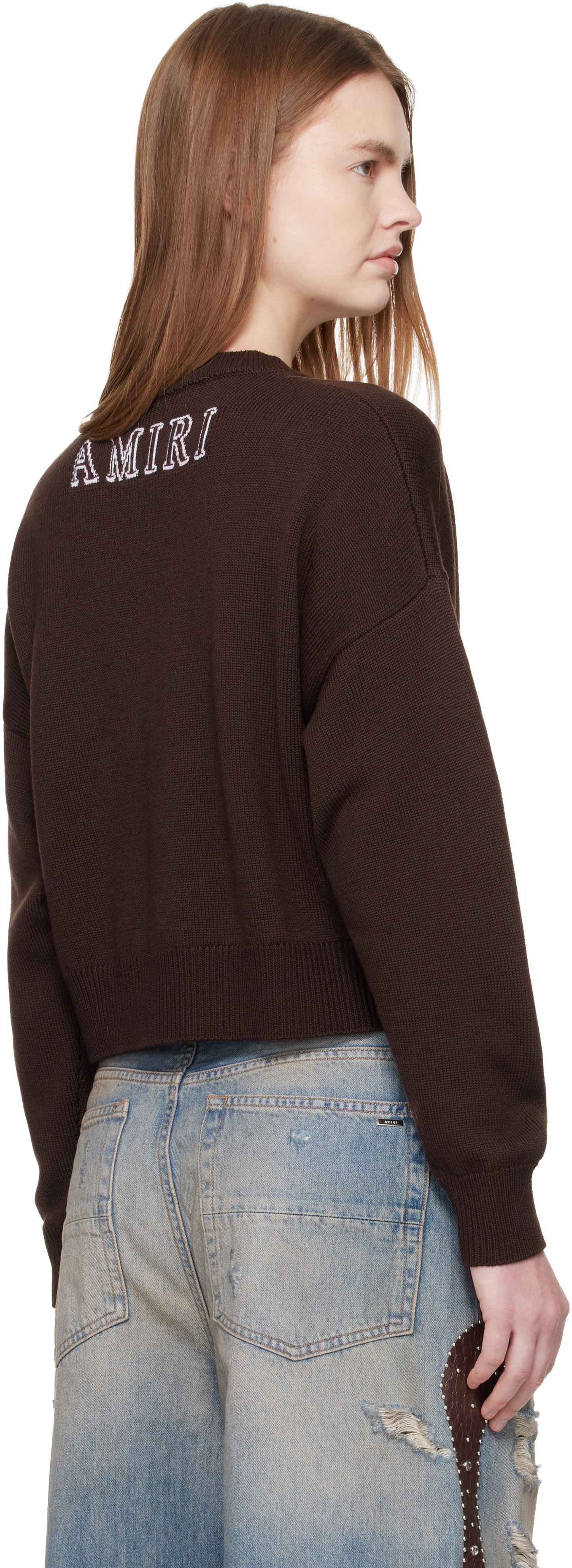 AMIRI - Pull brun à monogramme et à col ras du cou