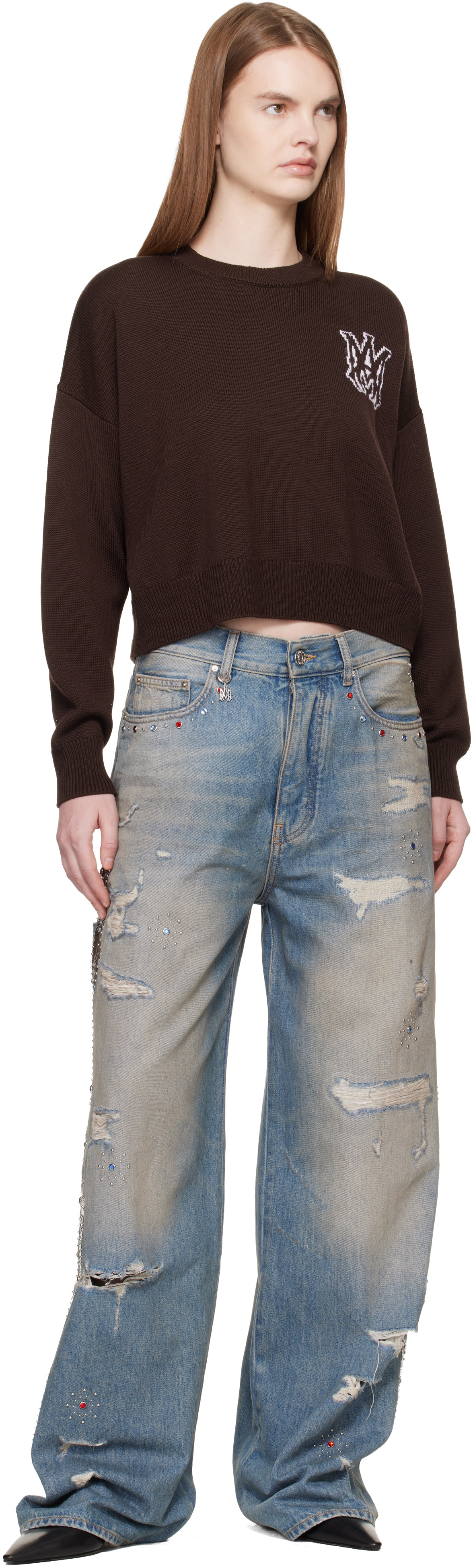 AMIRI - Pull brun à monogramme et à col ras du cou