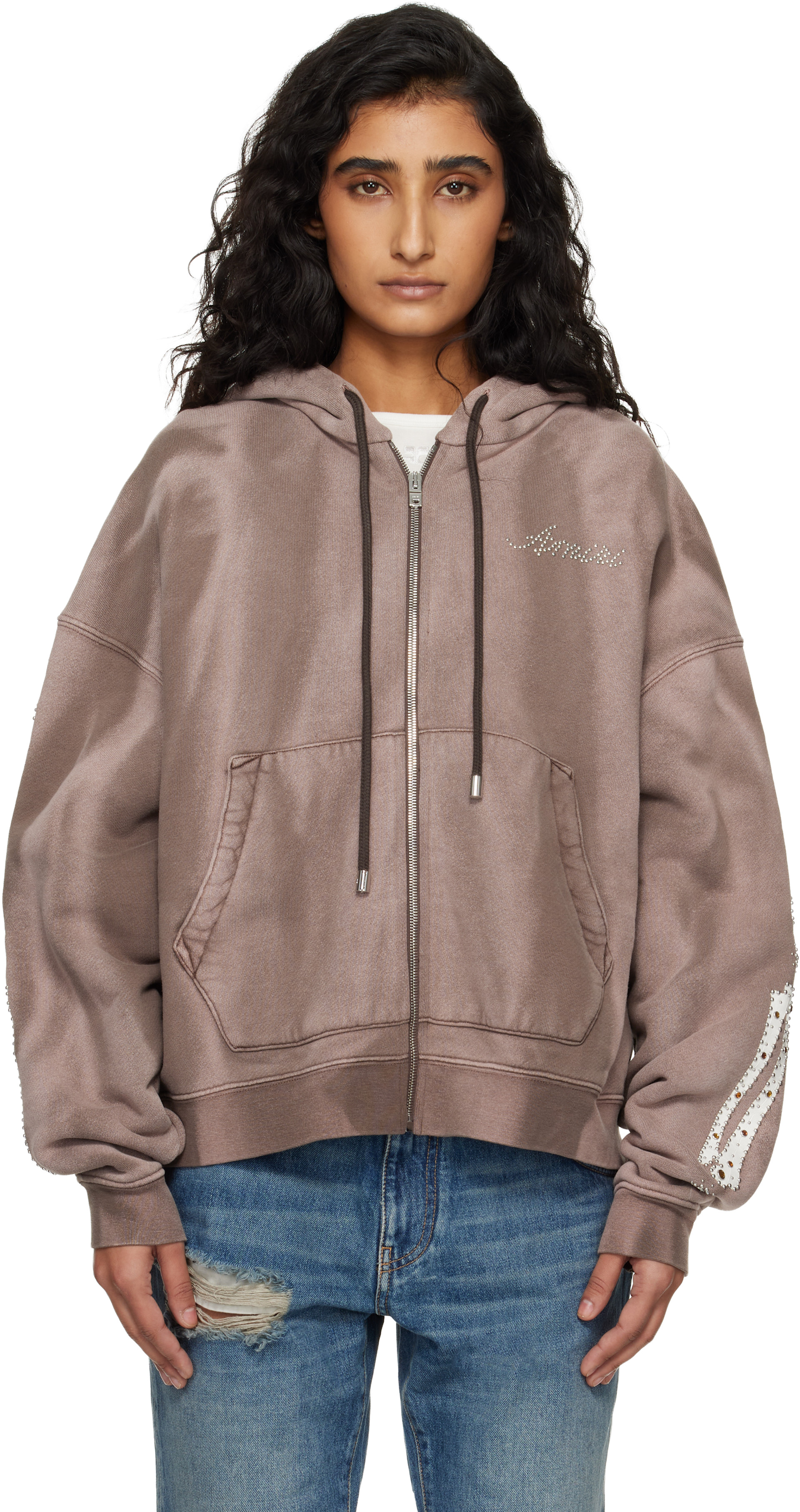 AMIRI: Brown Bones Studded Zip Hoodie | SSENSE