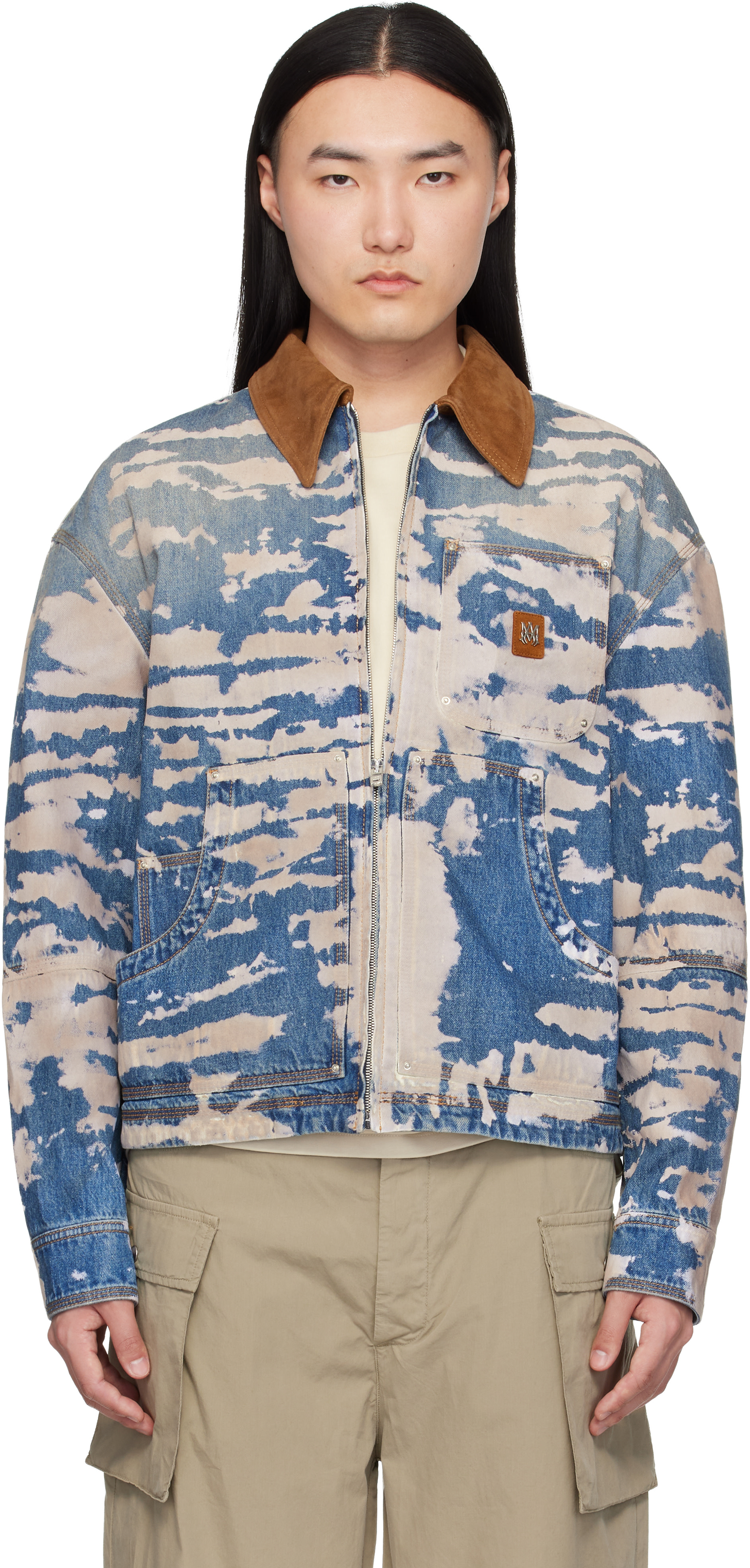 AMIRI: ブルー＆オフホワイト Bleached Work デニムジャケット