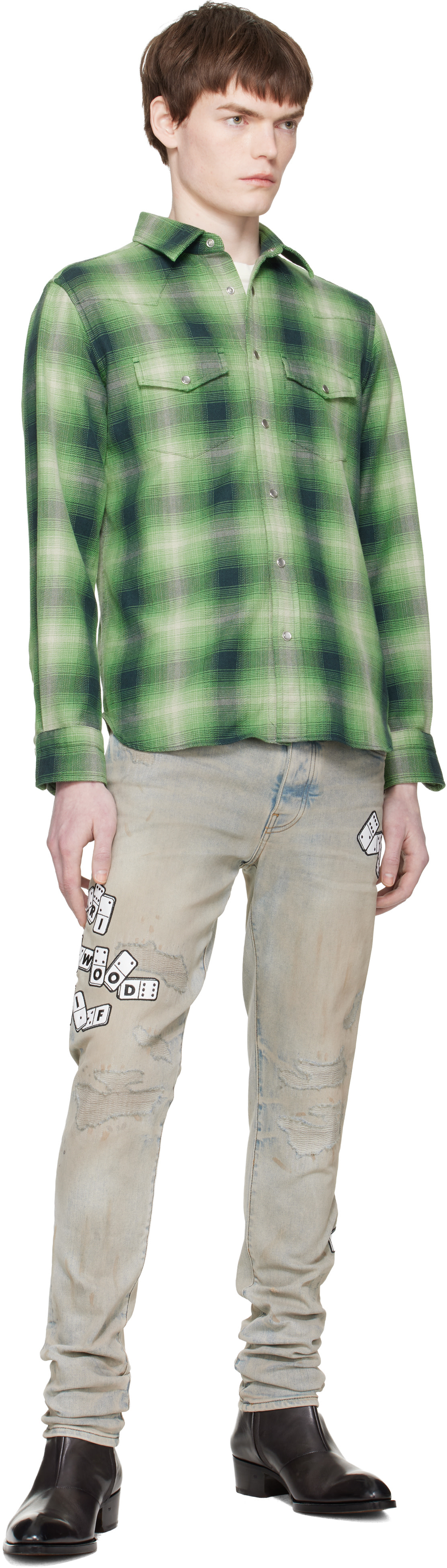 AMIRI: Blue Domino Appliqué Skinny Jeans | SSENSE