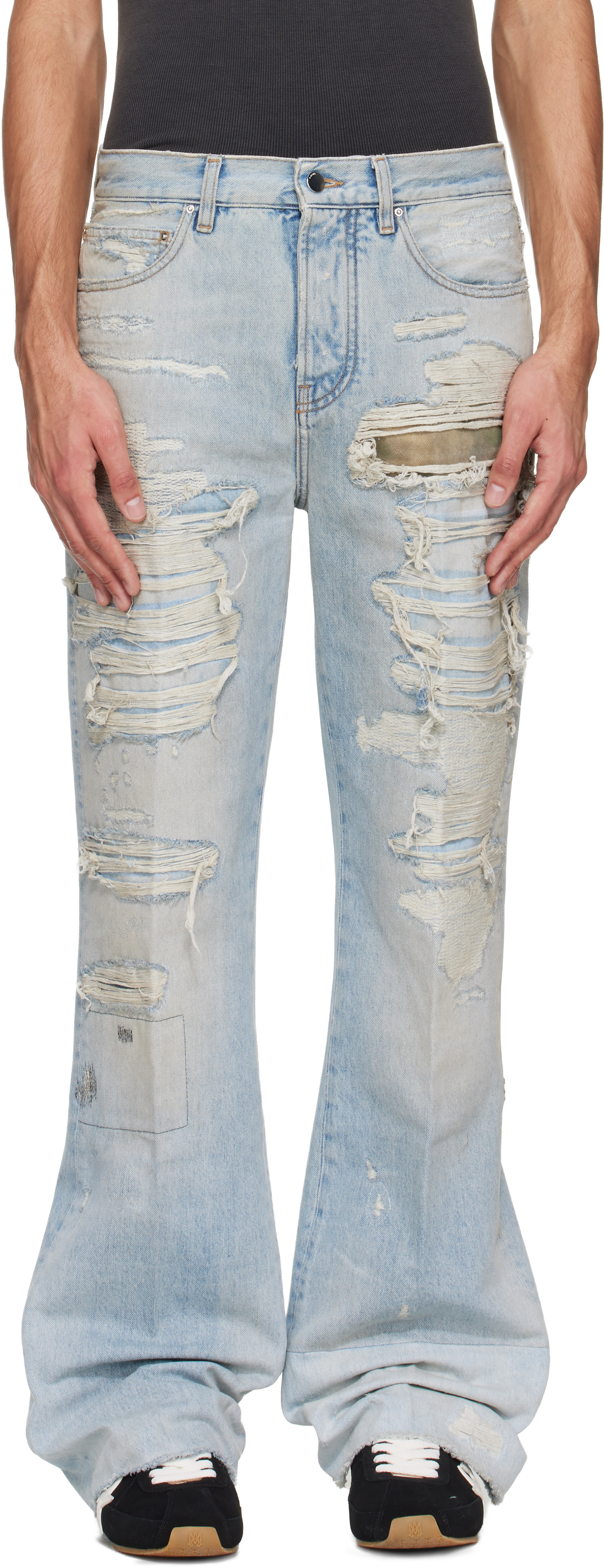 amiri デニム AMIRI: Blue Camo Repair Boot Cut Jeans | SSENSE