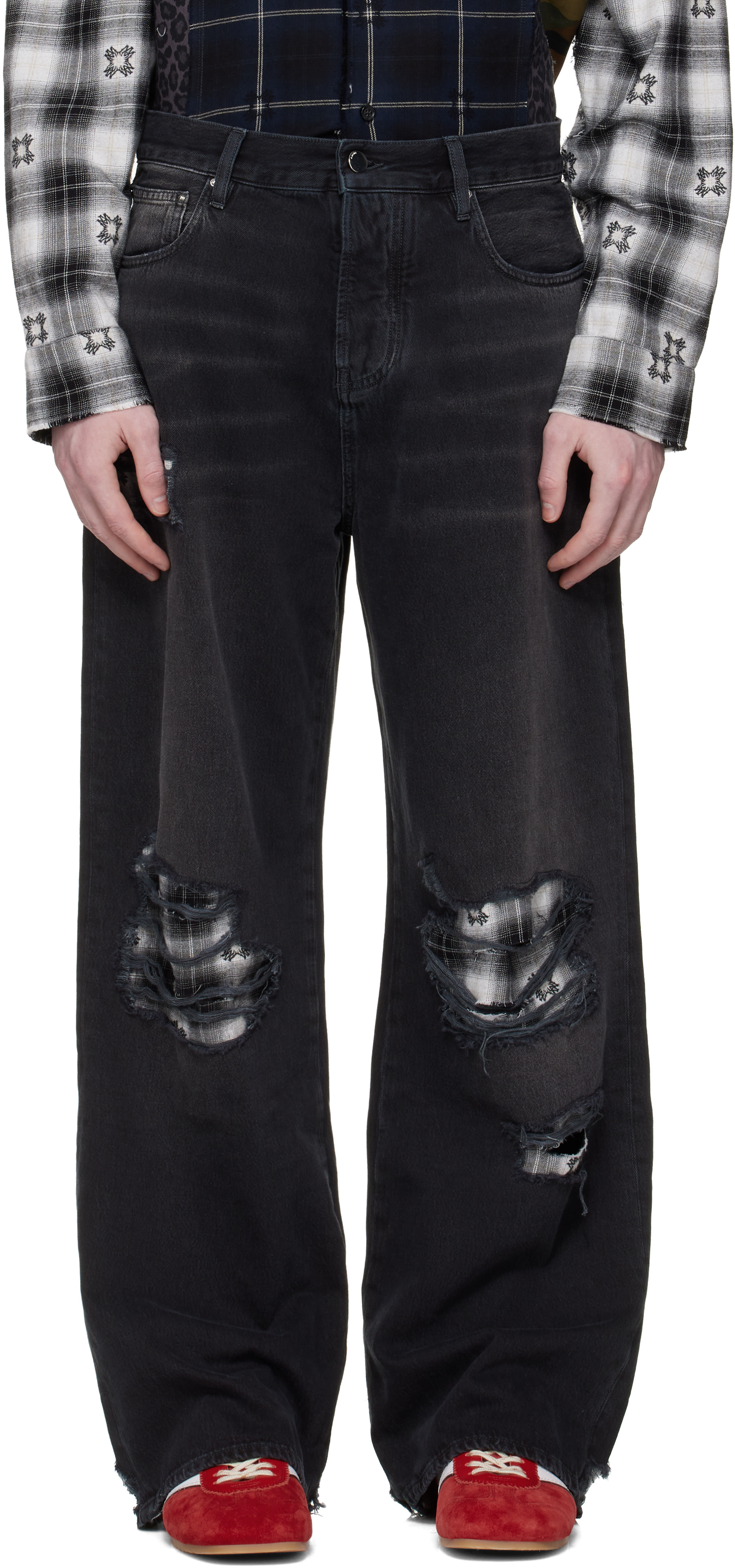 AMIRI: Black Flannel Repair Baggy Jeans | SSENSE
