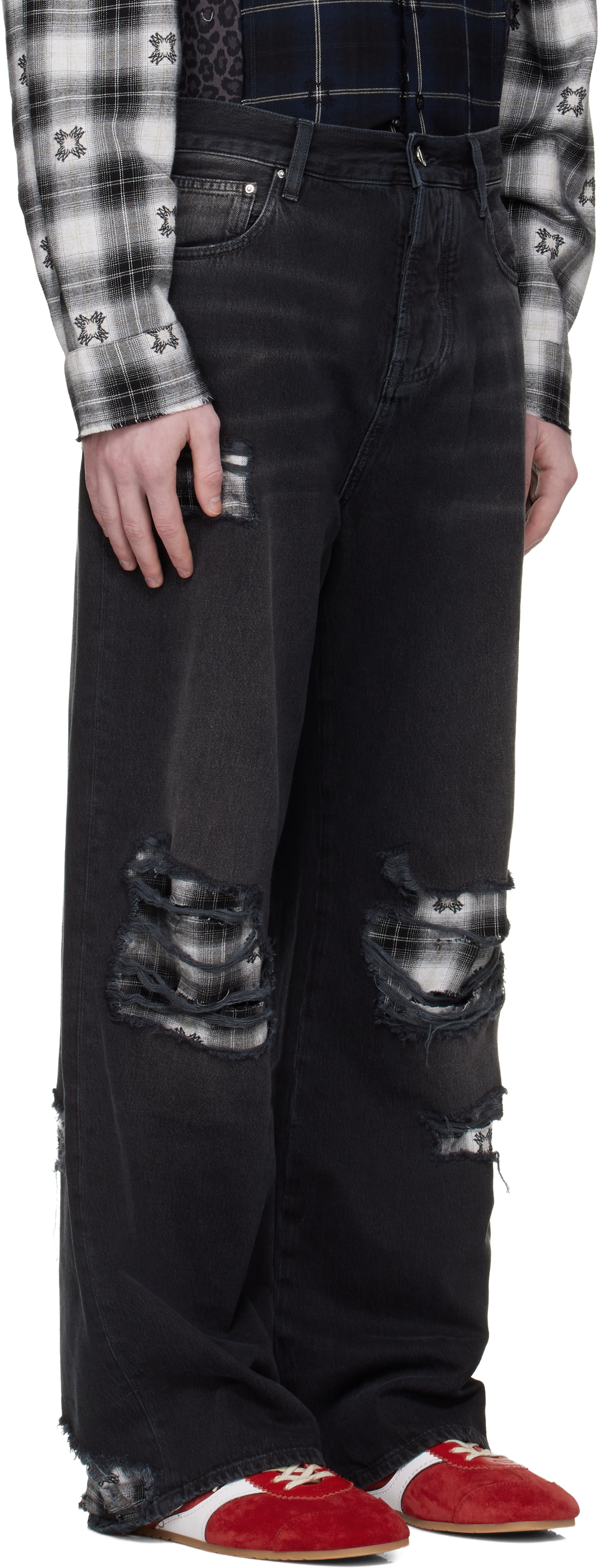AMIRI: Black Flannel Repair Baggy Jeans | SSENSE