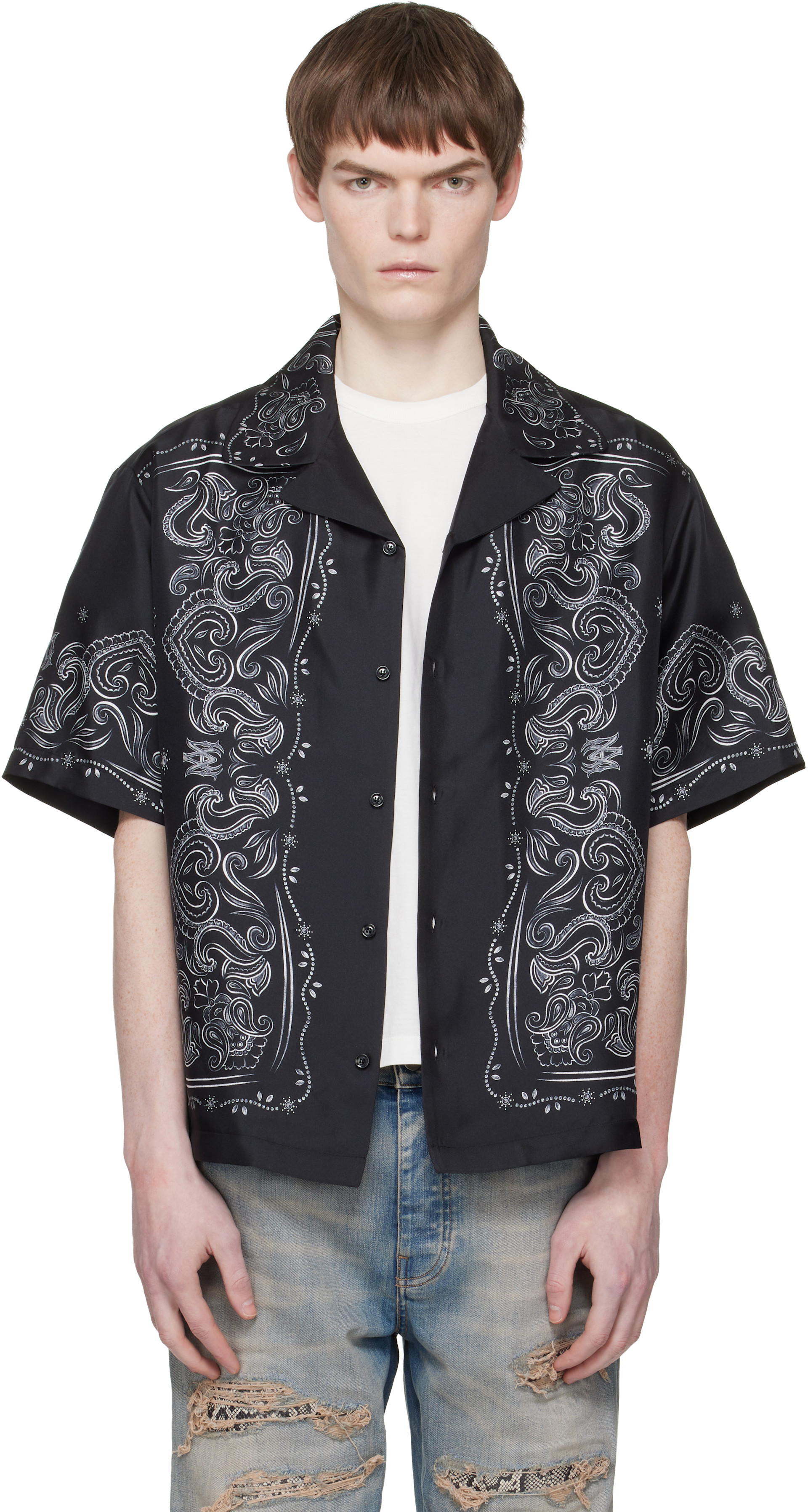 AMIRI: Black Bandana Paint Oversized Bowling Shirt | SSENSE