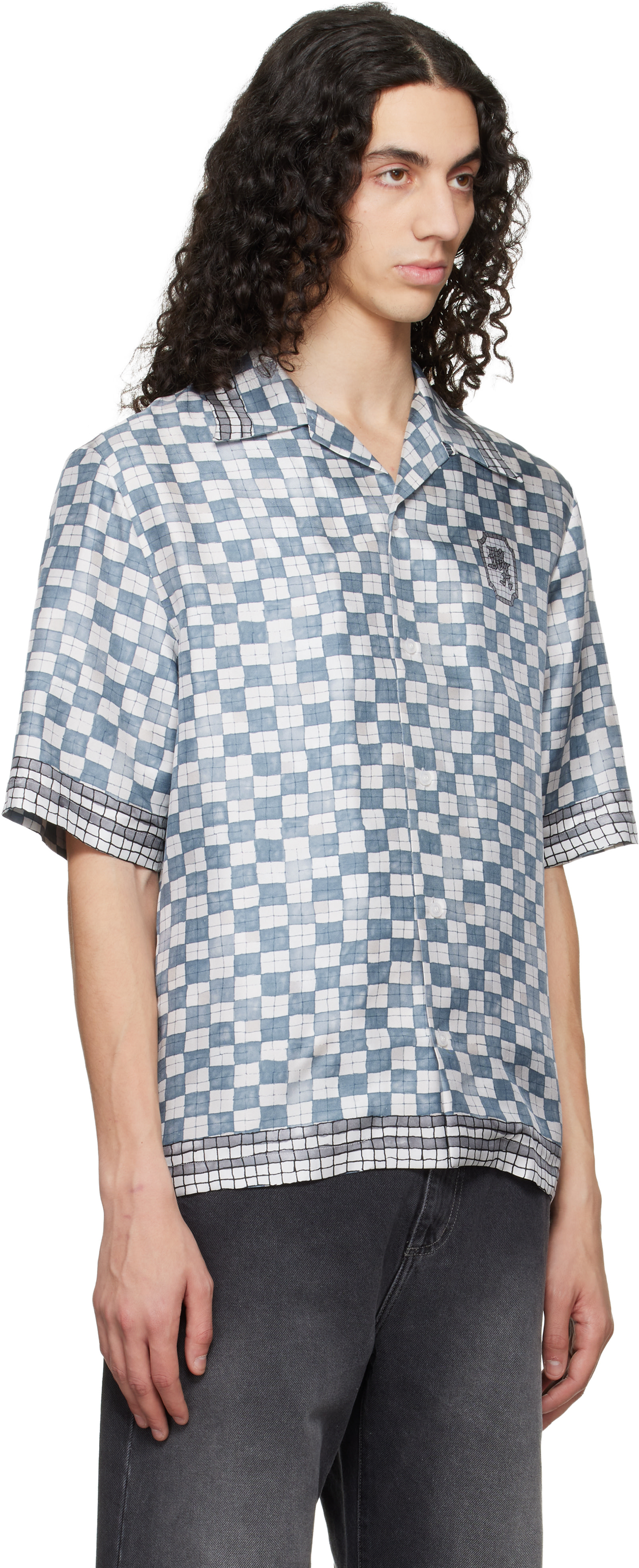 AMIRI: ブルー＆グレー MA ブロックチェック ボウリングシャツ 