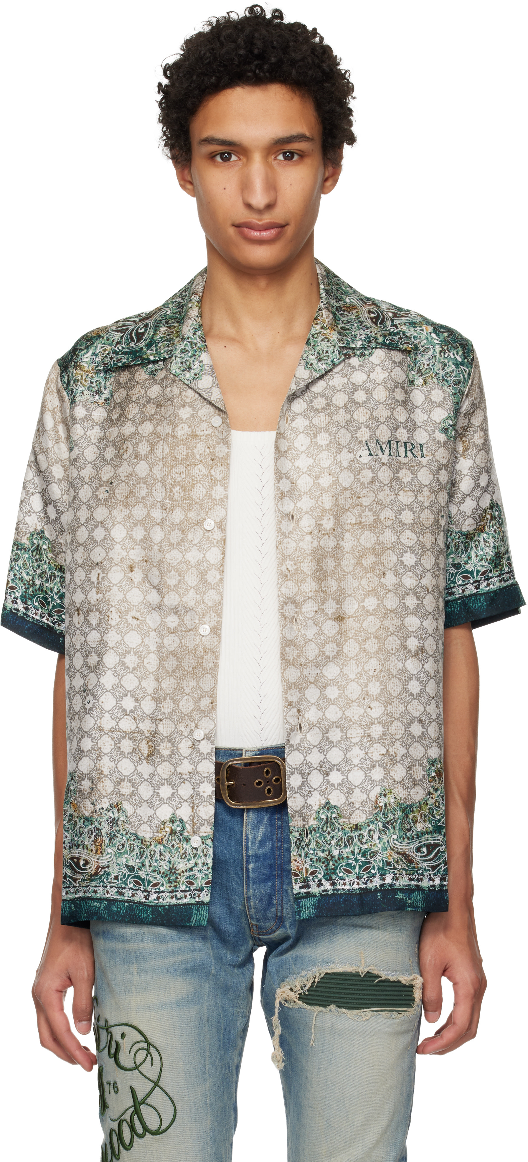 AMIRI: Gray & Green Bandana Bowling Shirt | SSENSE