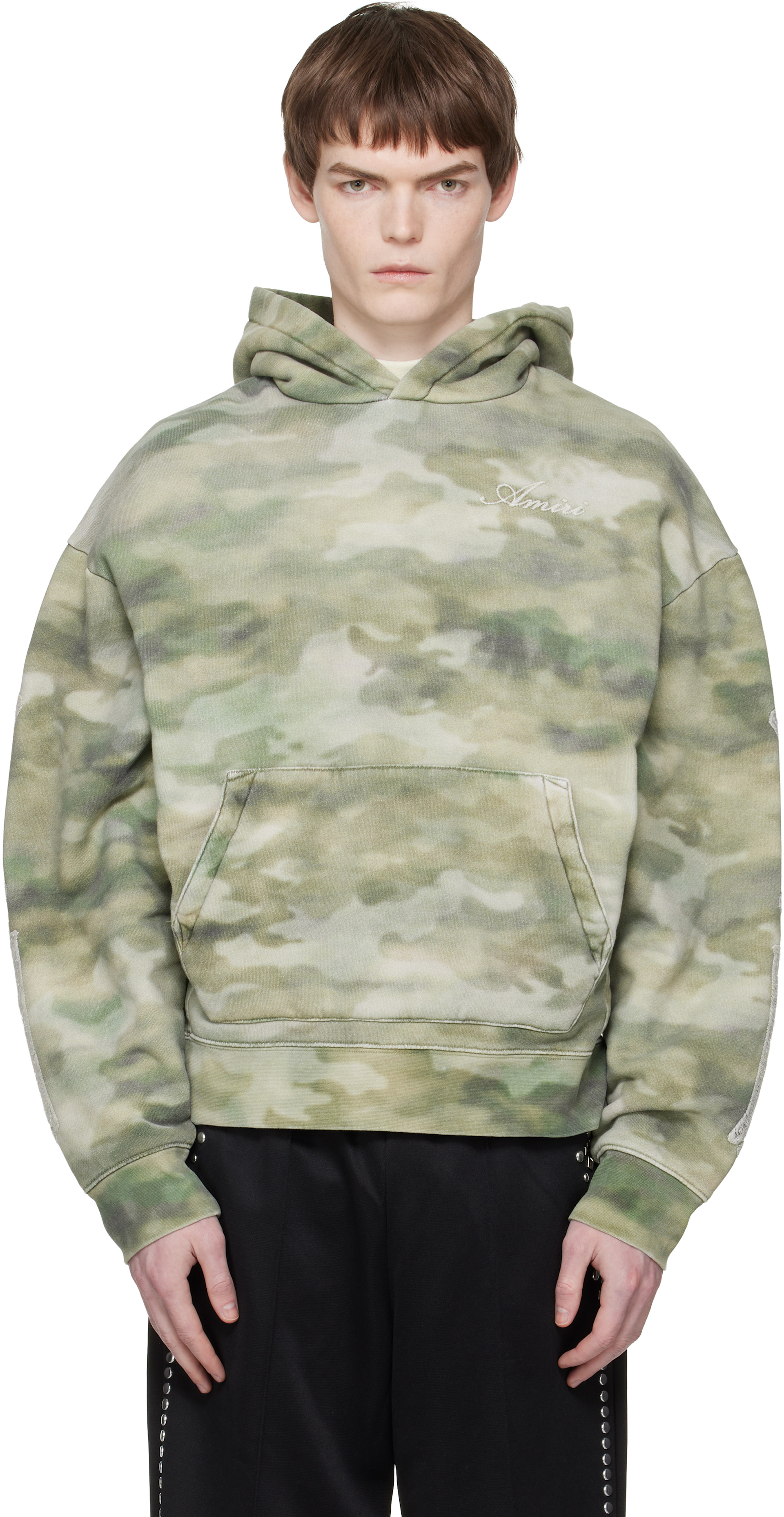 AMIRI - Pull à capuche surdimensionné vert à appliqués d'os