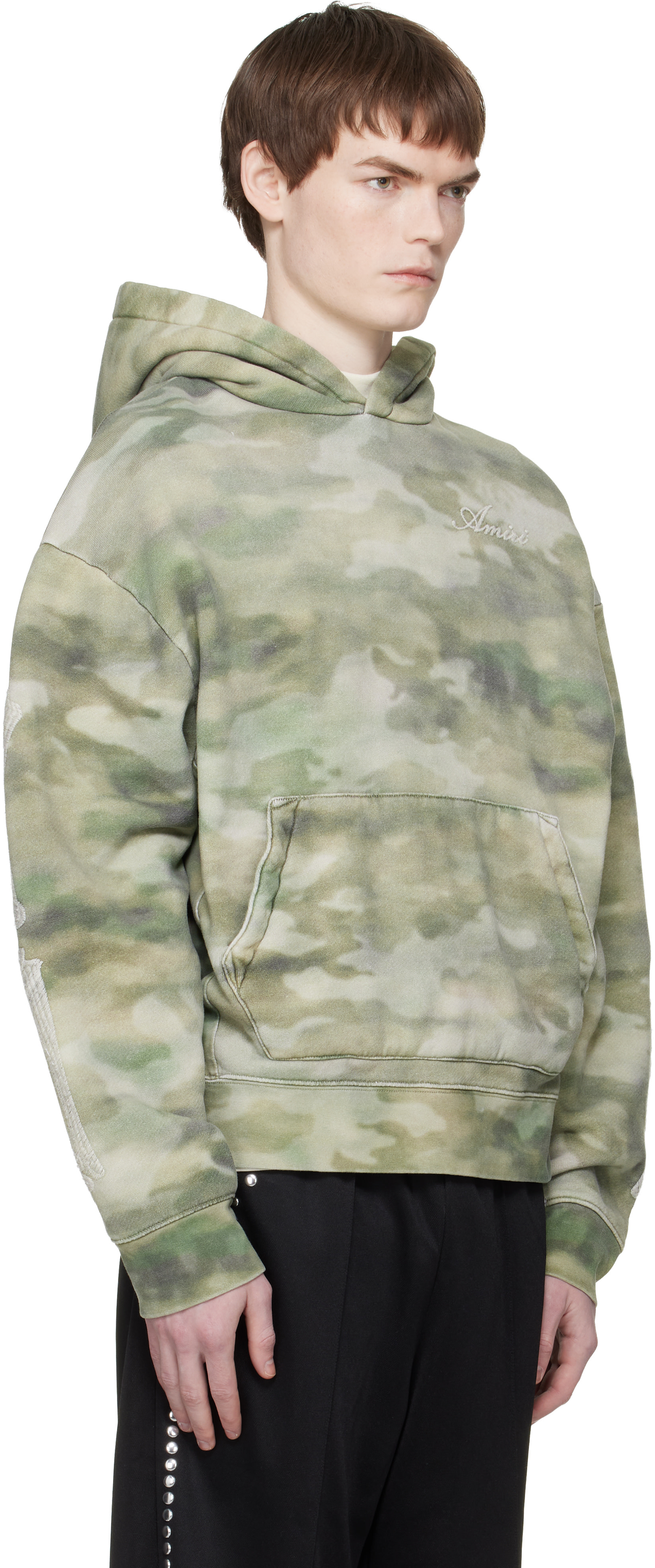 AMIRI - Pull à capuche surdimensionné vert à appliqués d'os