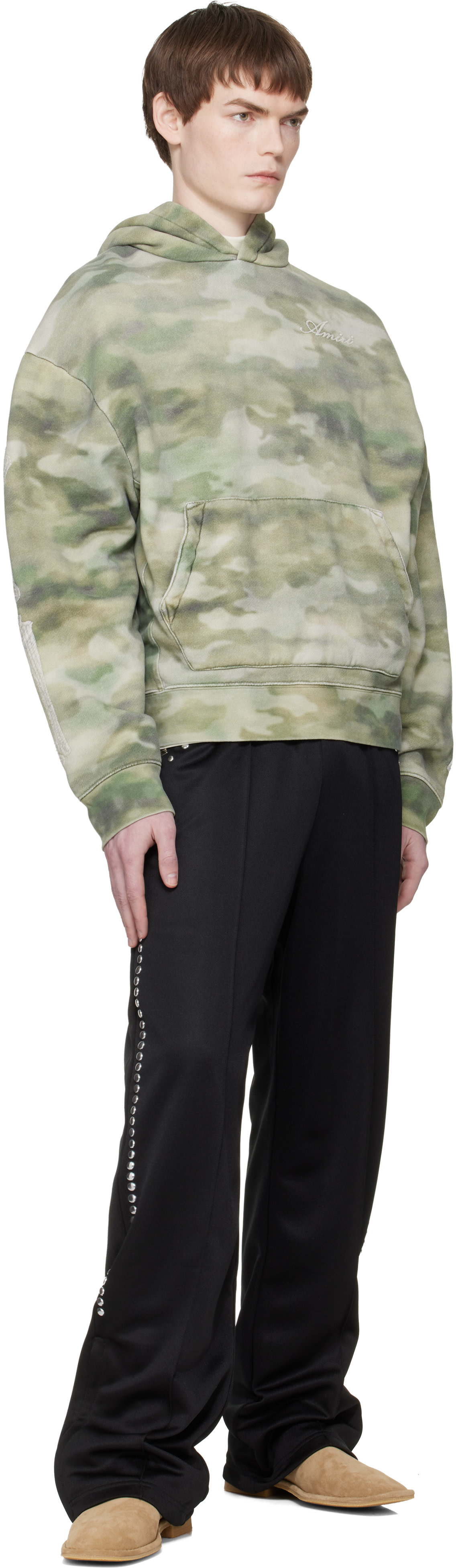 AMIRI - Pull à capuche surdimensionné vert à appliqués d'os