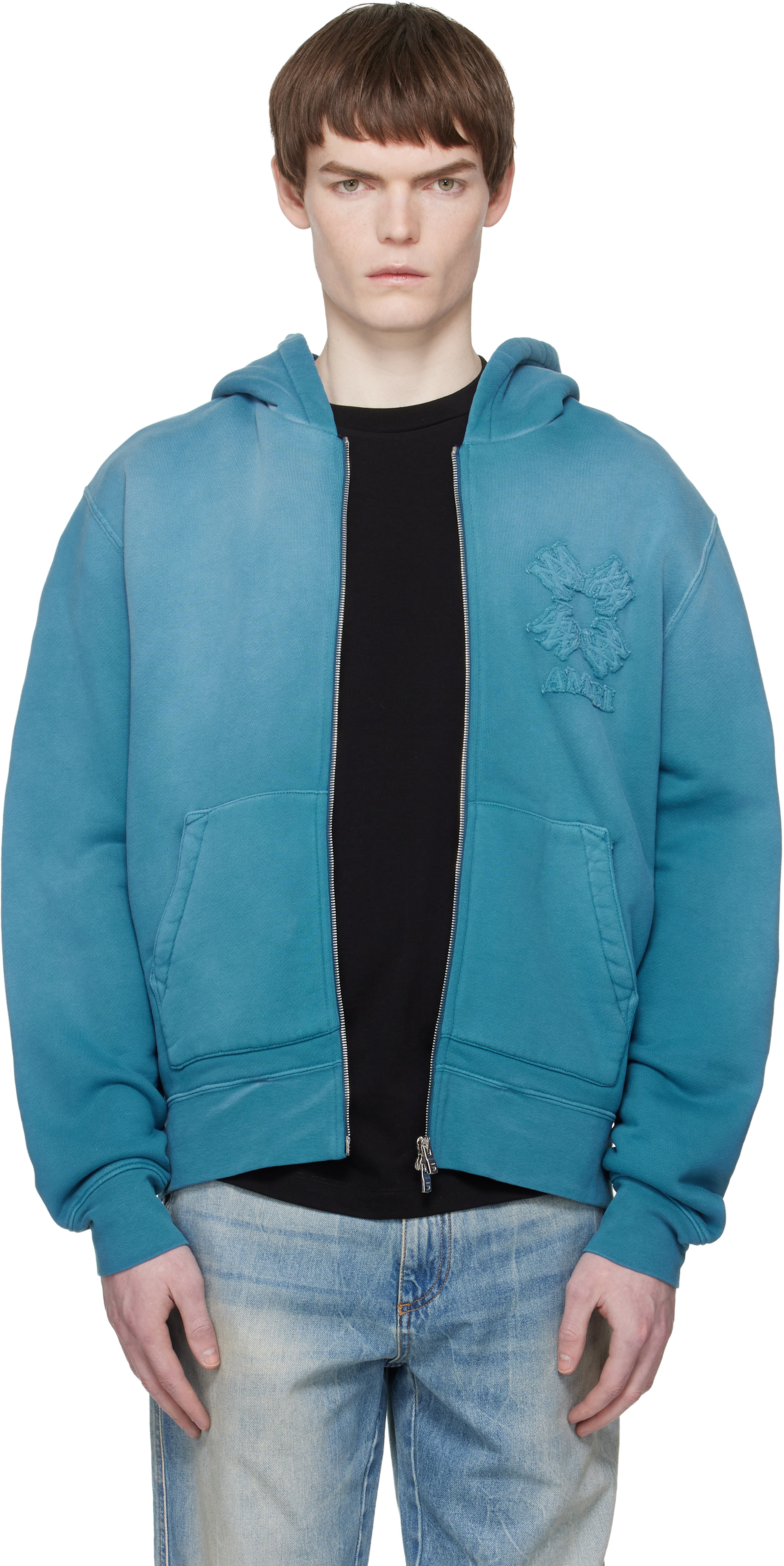 AMIRI - Pull à capuche bleu à glissière et à quadrigrammes