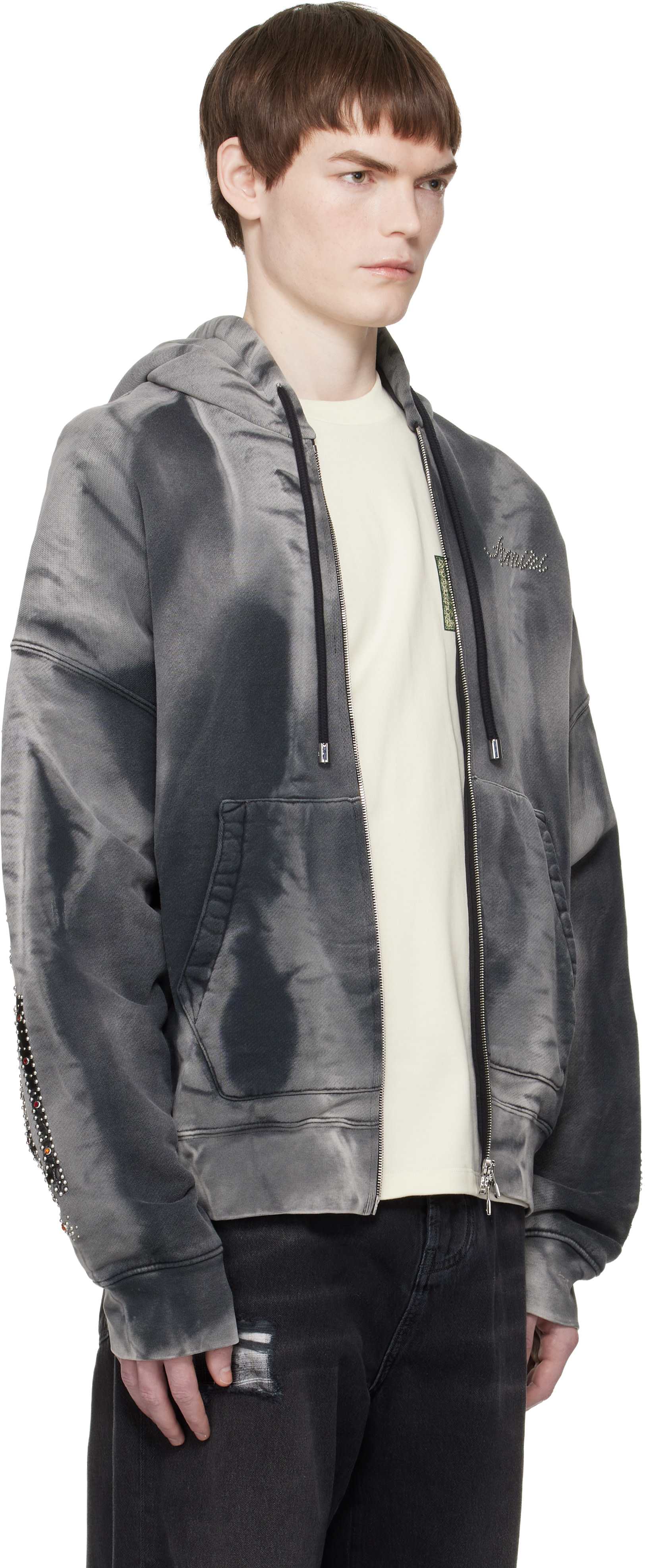 AMIRI: Gray Bones Studded Oversized Zip Hoodie | SSENSE