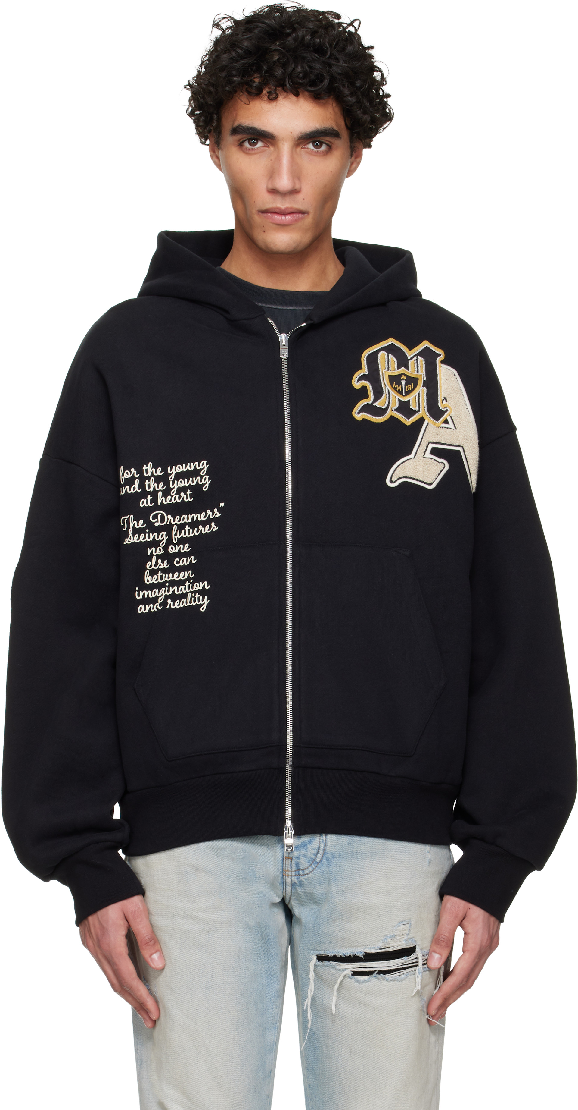 AMIRI: Black Varsity Patch Oversized Zip Hoodie | SSENSE Netherlands