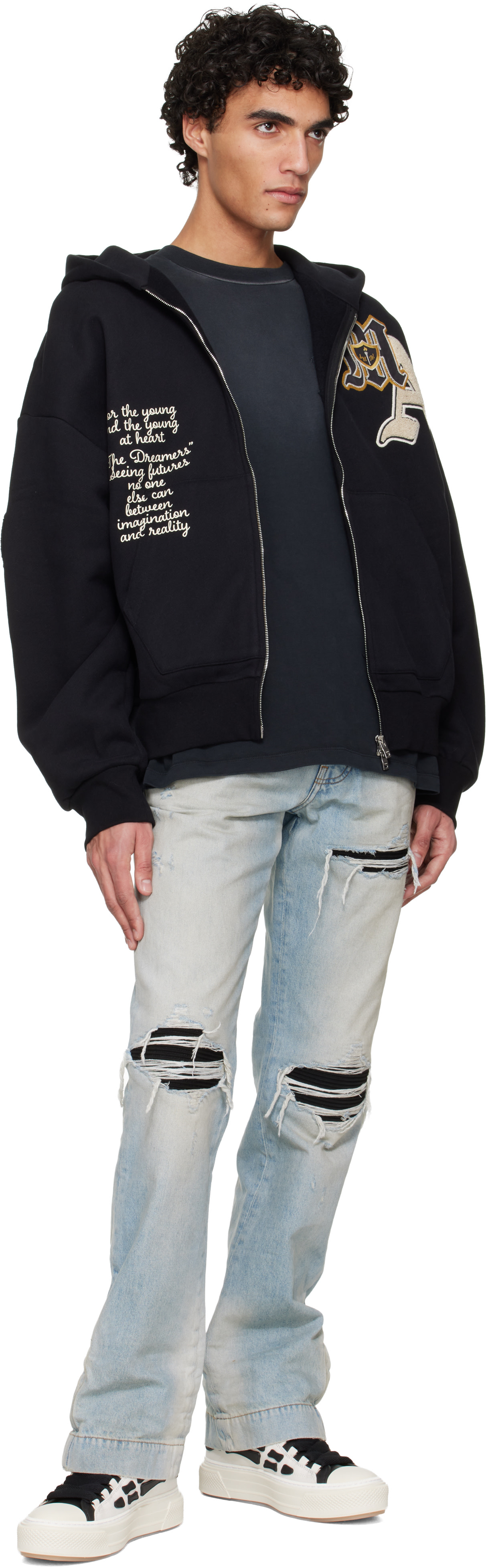 AMIRI: Black Varsity Patch Oversized Zip Hoodie | SSENSE