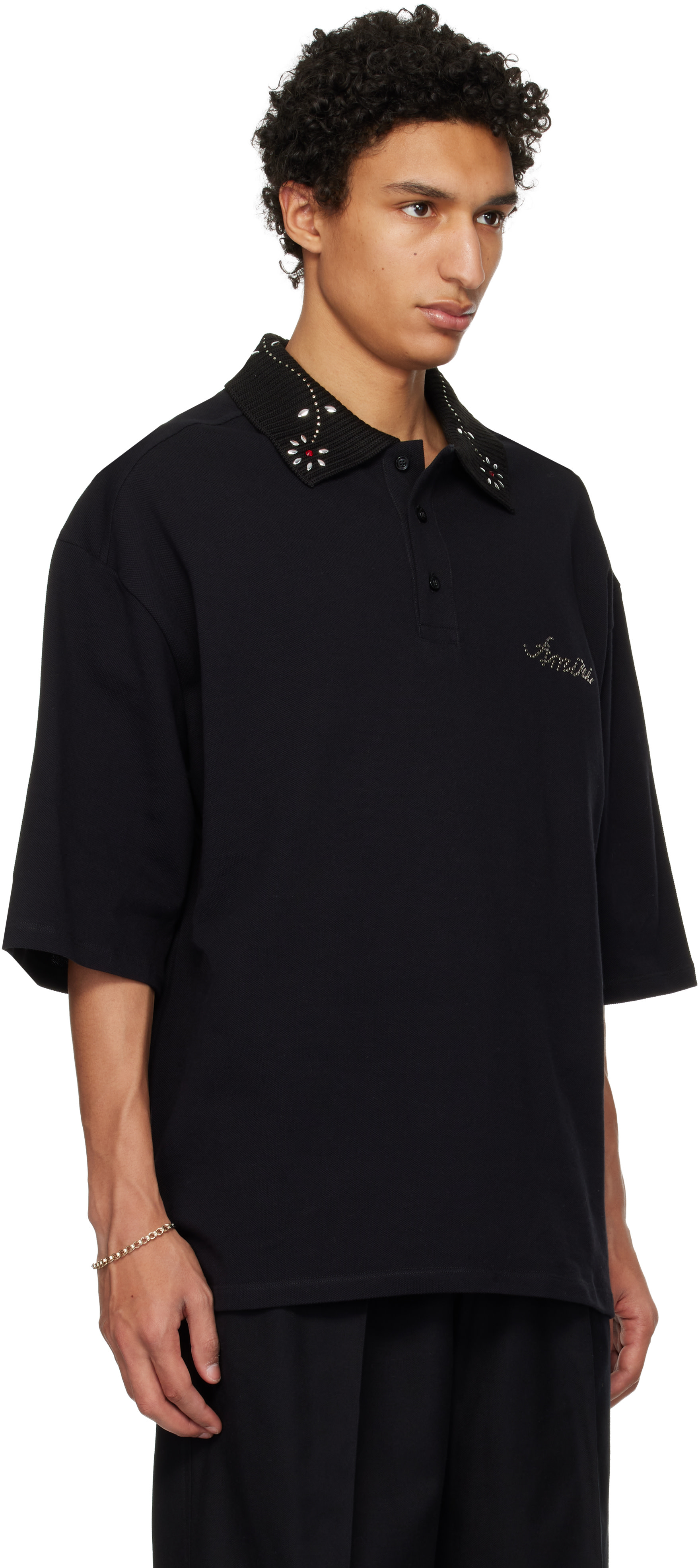 amiri ポロシャツ AMIRI: ブラック Stud Collar オーバーサイズ ポロシャツ | SSENSE 日本