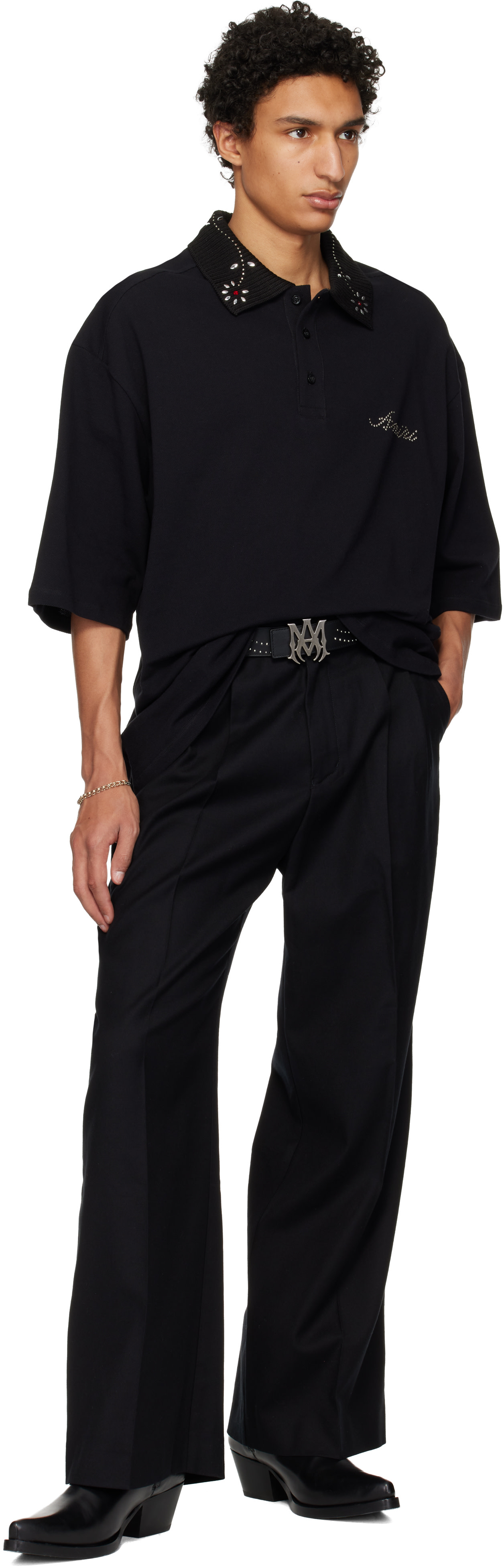 AMIRI: ブラック Stud Collar オーバーサイズ ポロシャツ | SSENSE 日本