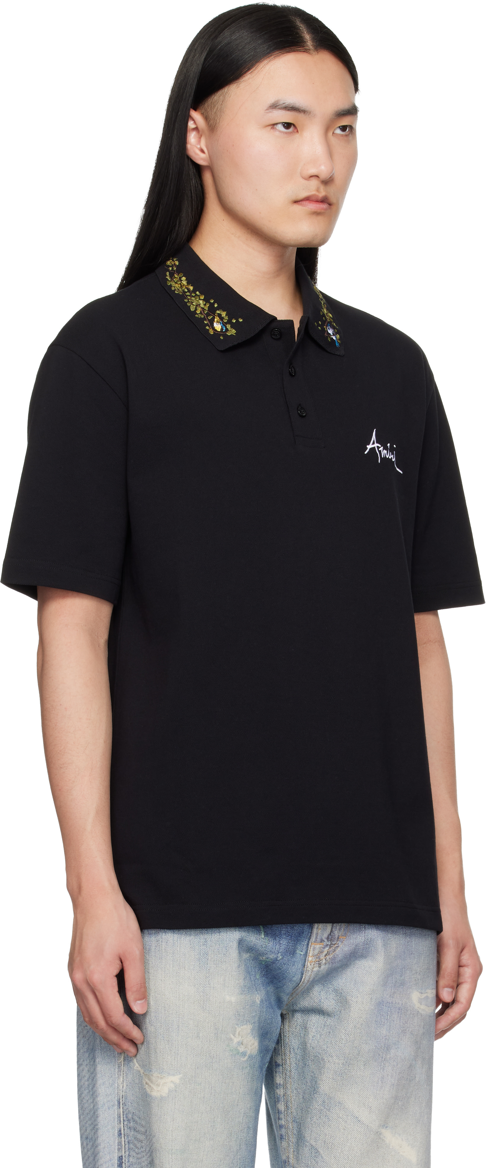 AMIRI: ブラック 'AMIRI' Floral Collar ポロシャツ | SSENSE 日本