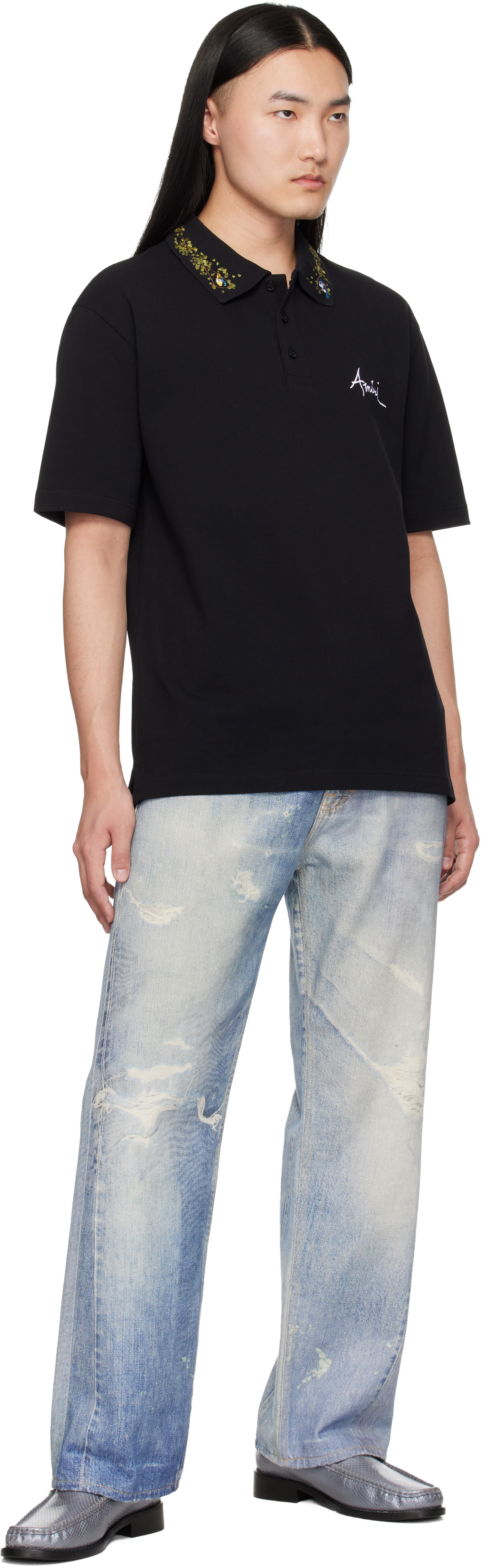 AMIRI: ブラック 'AMIRI' Floral Collar ポロシャツ | SSENSE 日本