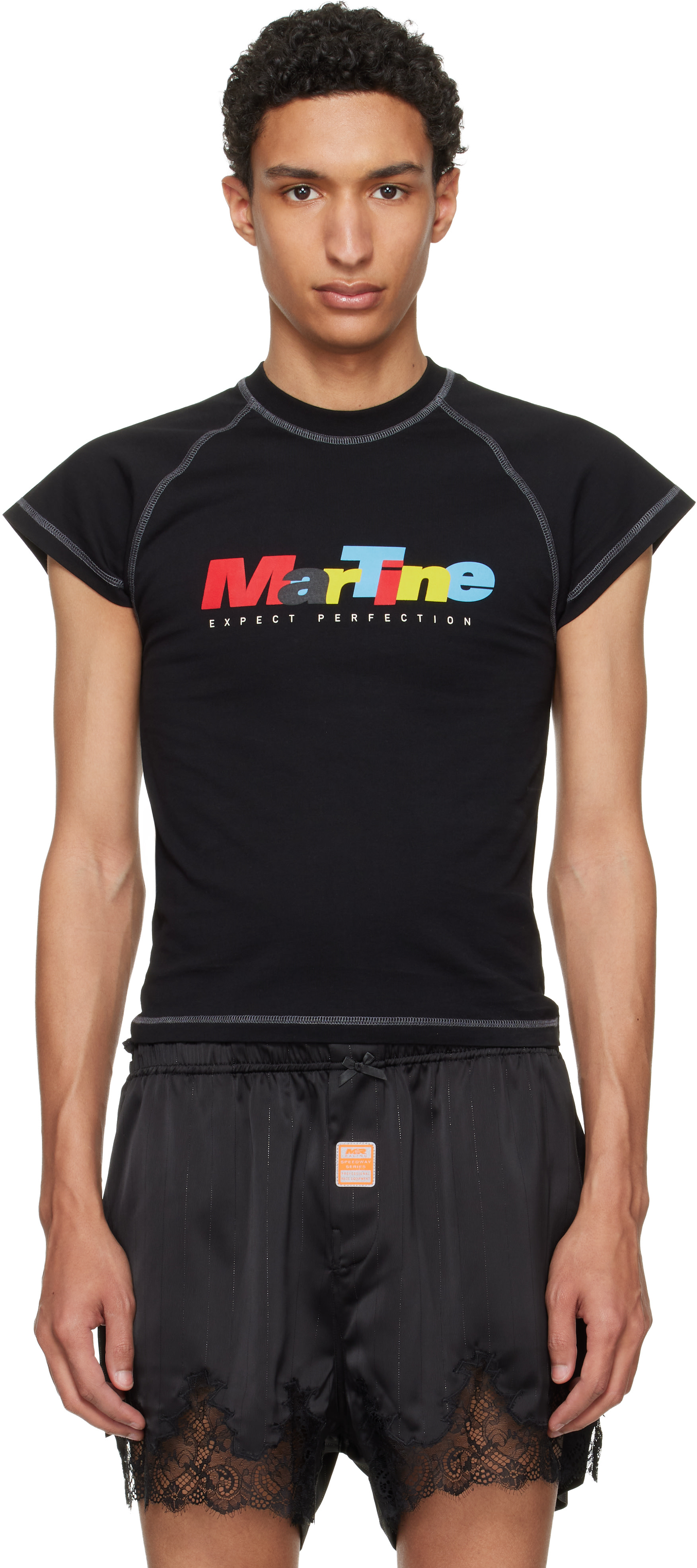 Martine Rose: ブラック ラグラン シュランケン Tシャツ | SSENSE 日本