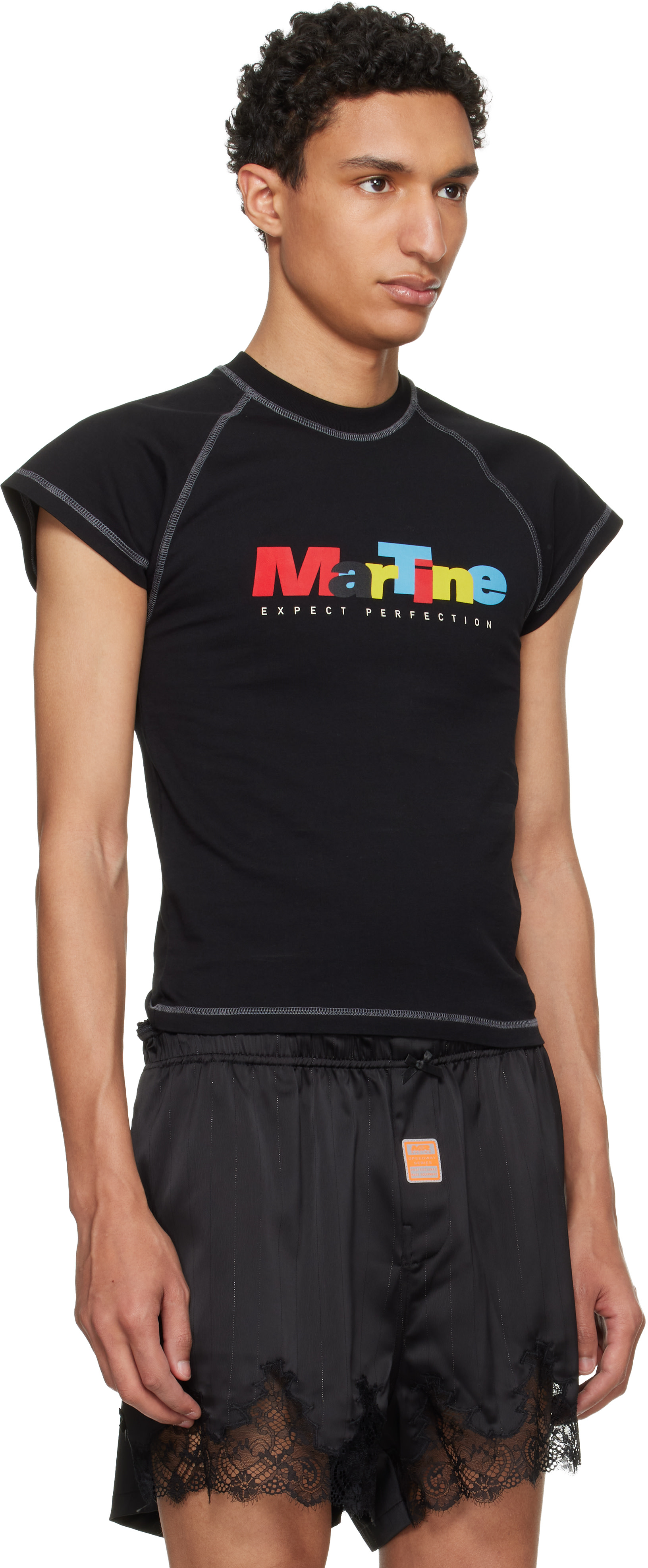 Martine Rose: ブラック ラグラン シュランケン Tシャツ | SSENSE 日本