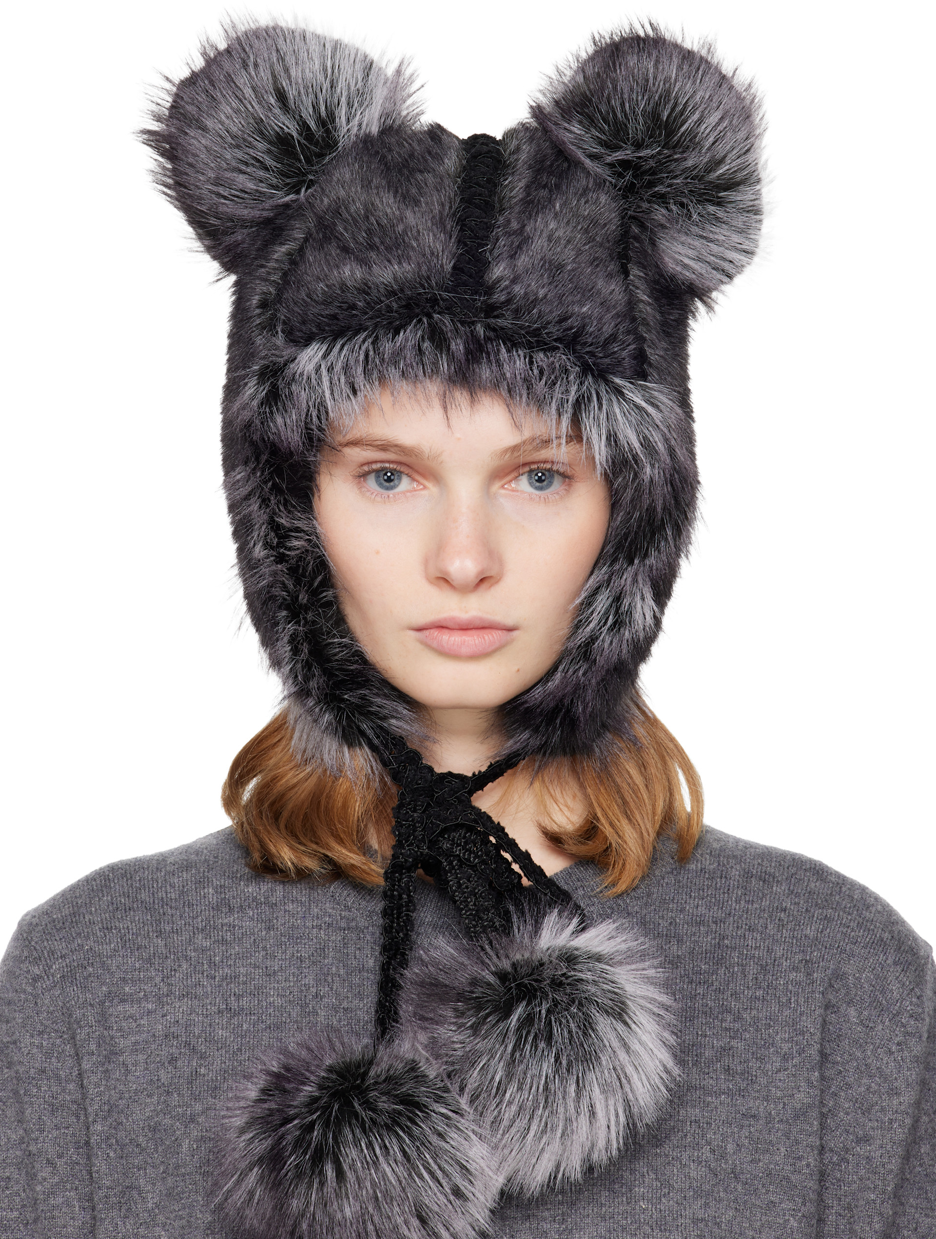 Anna Sui: SSENSE Exclusive Black & Gray Faux Fur Teddy Bear Hat