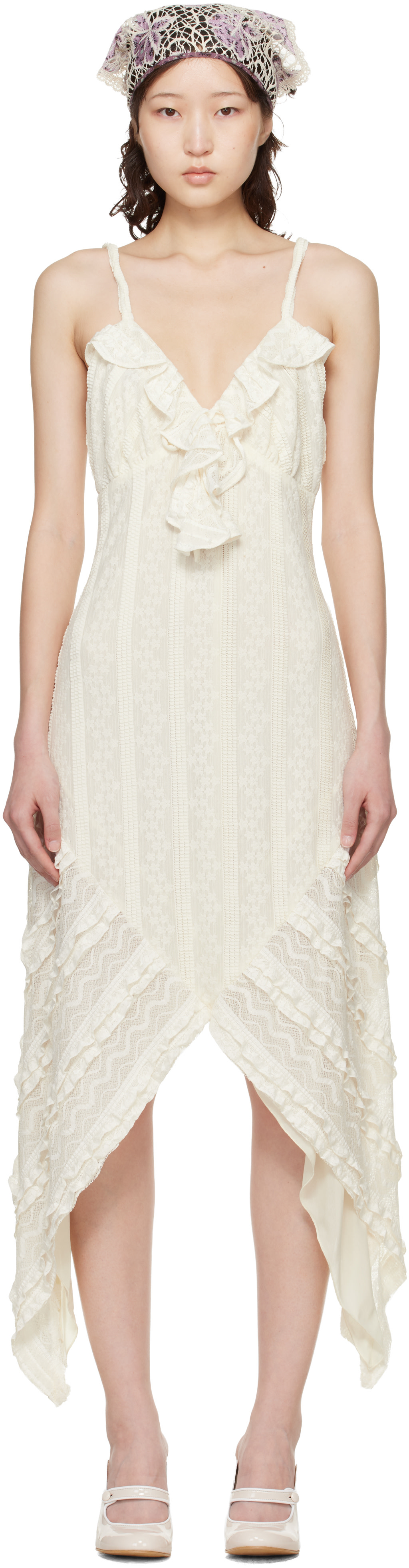 Anna Sui Off-White Floral Ruffle Stretch Lace Handkerchief Midi Dress