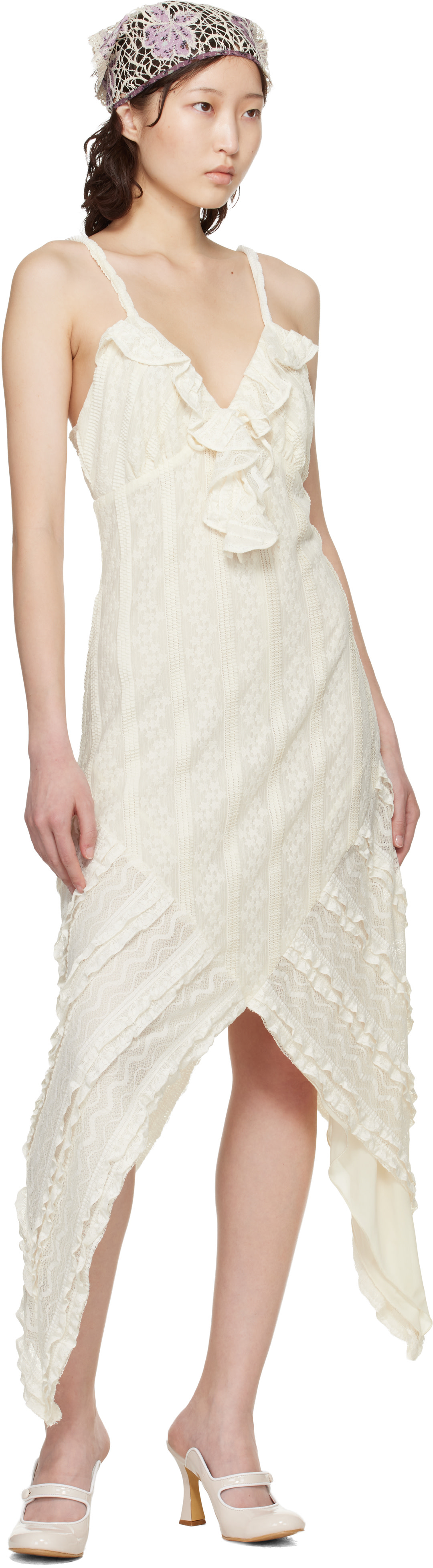 Anna Sui Off-White Floral Ruffle Stretch Lace Handkerchief Midi Dress Anna Sui Off-White Floral Ruffle Stretch Lace Handkerchief Midi Dress