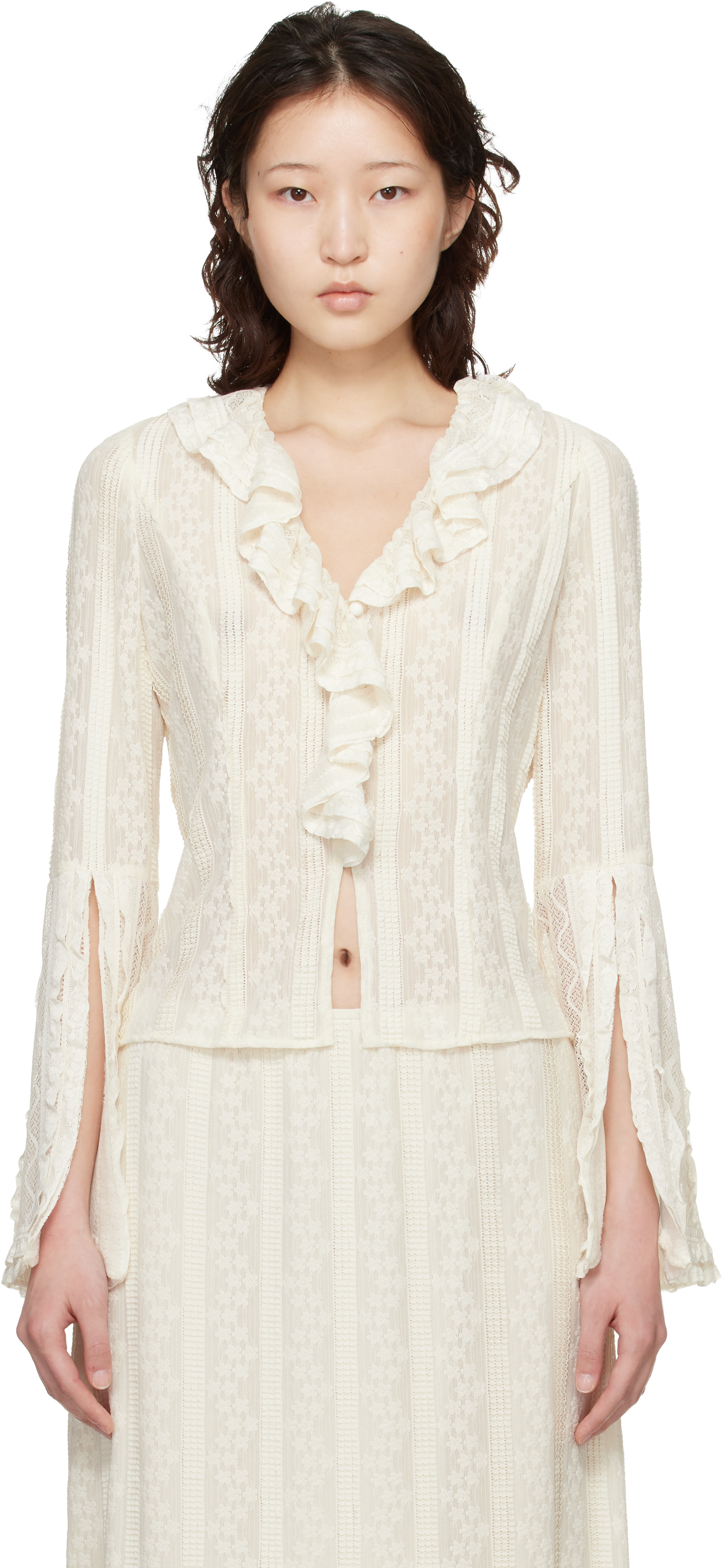 Anna Sui: Off-White Floral Ruffle Stretch Lace Blouse | SSENSE Australia