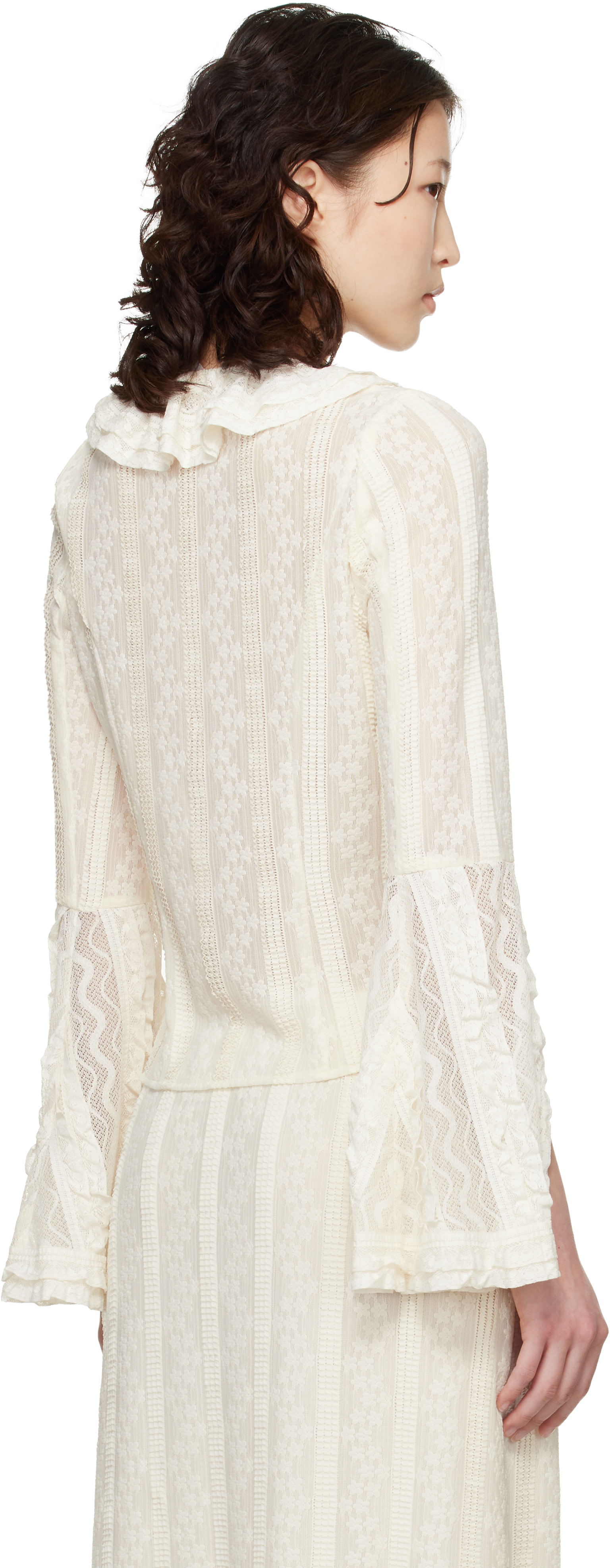 Anna Sui: Off-White Floral Ruffle Stretch Lace Blouse | SSENSE