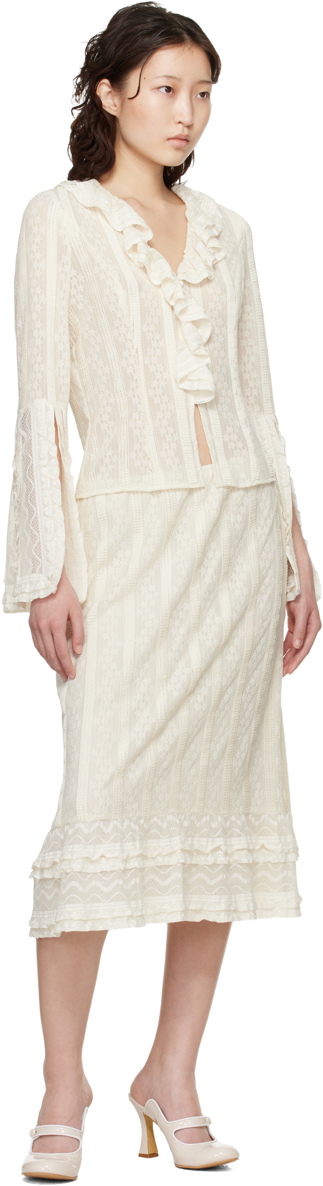 Anna Sui: Off-White Floral Ruffle Stretch Lace Blouse | SSENSE