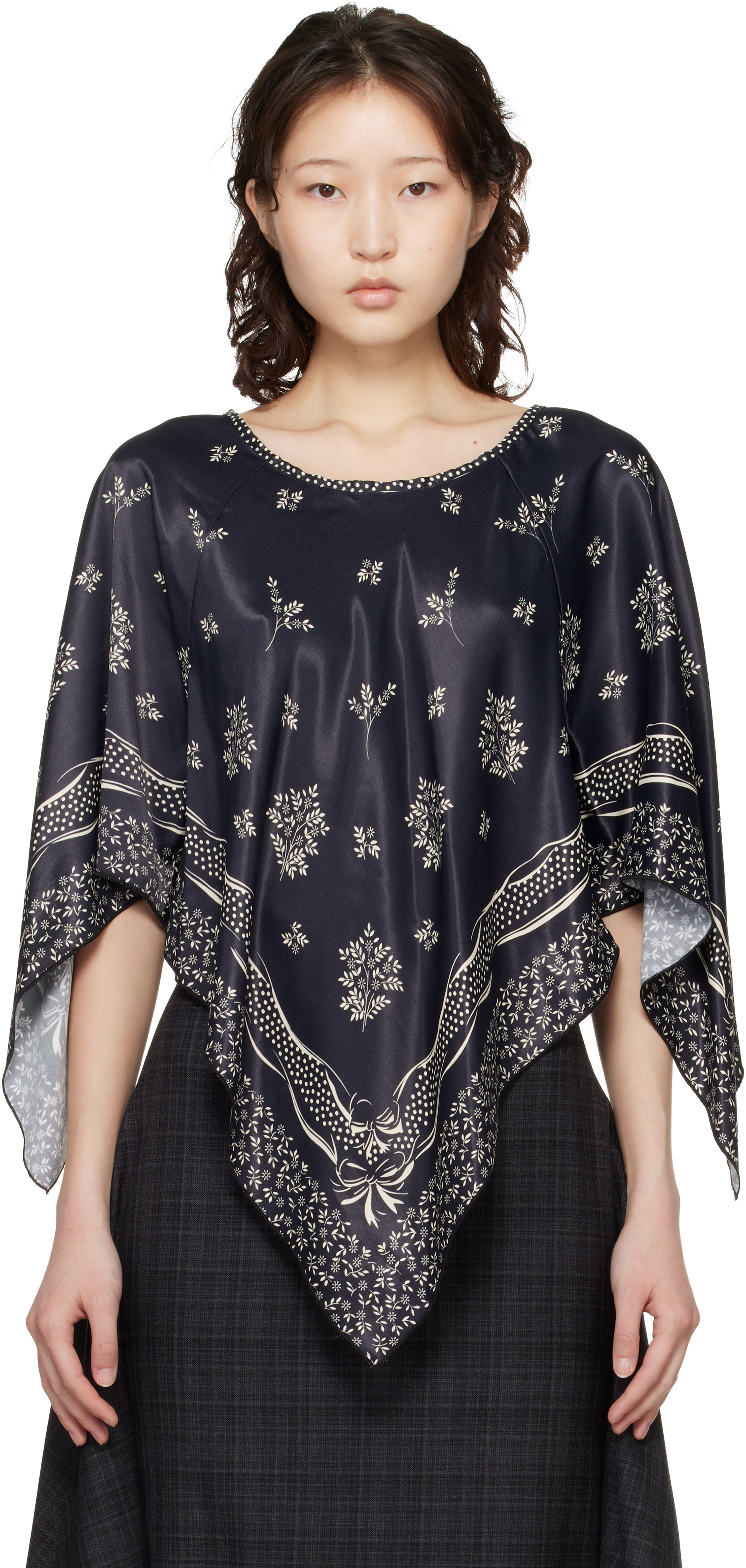 Anna Sui: ブラック Ribbon Handkerchief Satin Print ポンチョ 