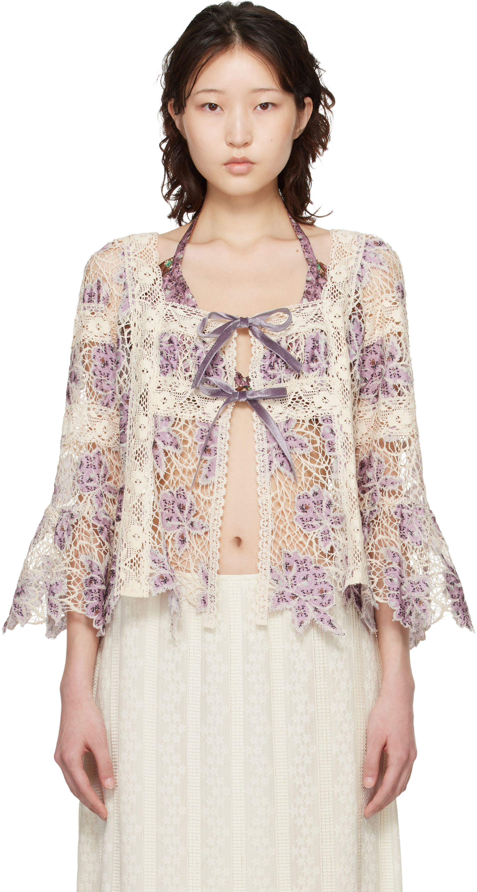ANNA SUI 90s archive 刺繍ブラウス セットアップ USA製 Anna Sui: パープル＆オフホワイト Medallion Floral Lace Tie