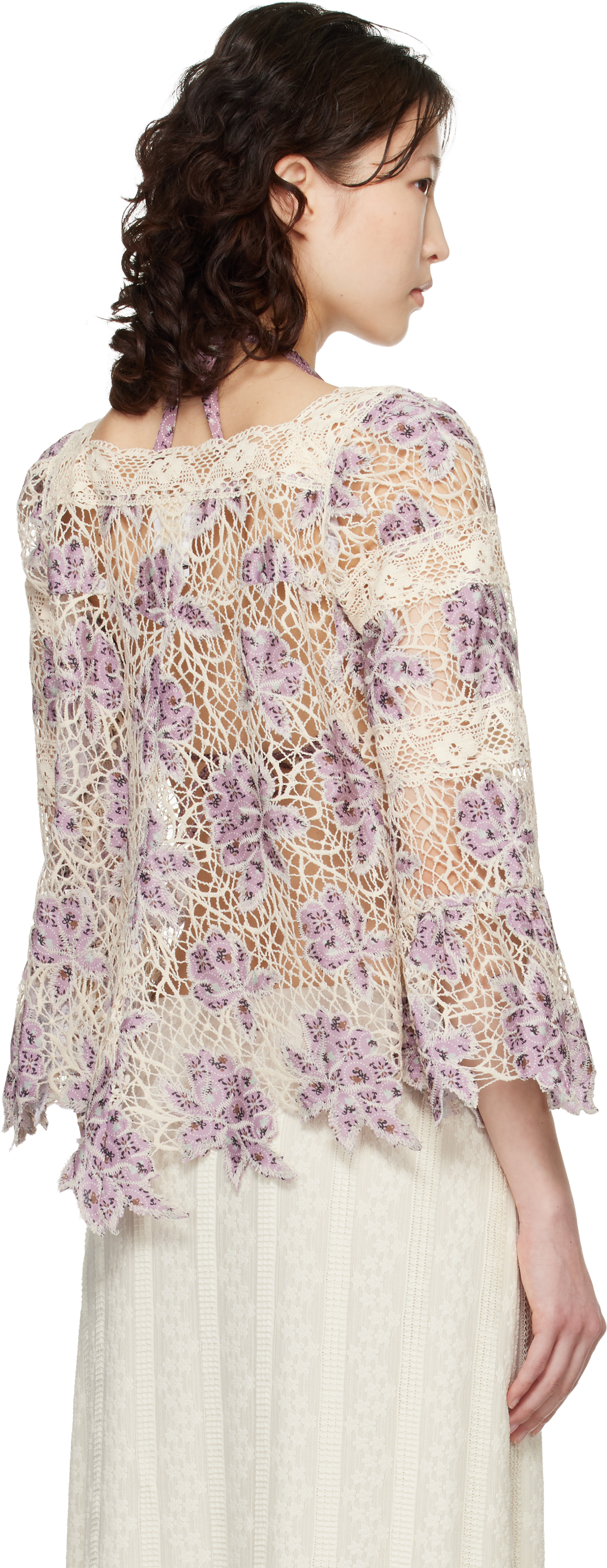 Anna Sui: パープル＆オフホワイト Medallion Floral Lace Tie