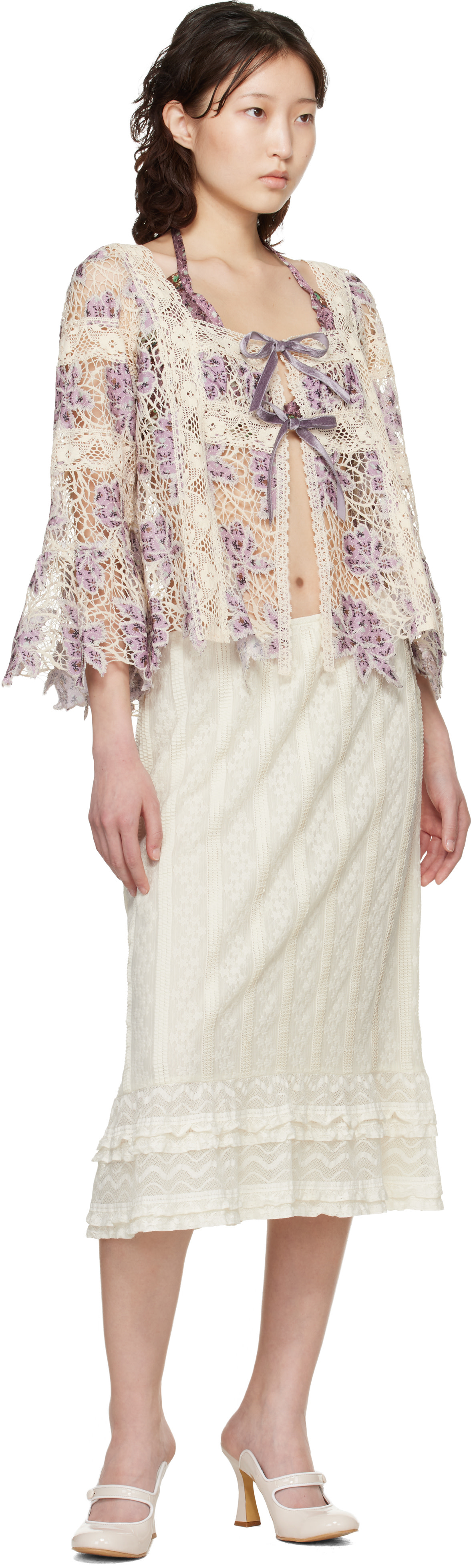 Anna Sui: パープル＆オフホワイト Medallion Floral Lace Tie 