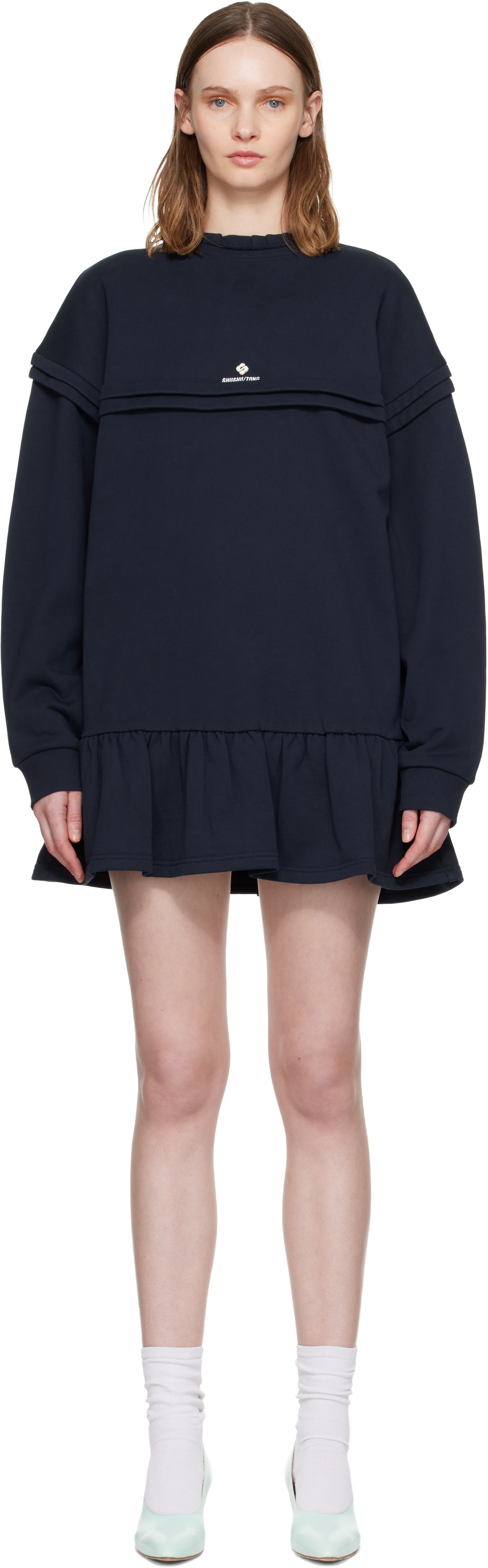 Shushu/Tong: ネイビー Raw-Edge Wave Collar Tuck Detail スウェット