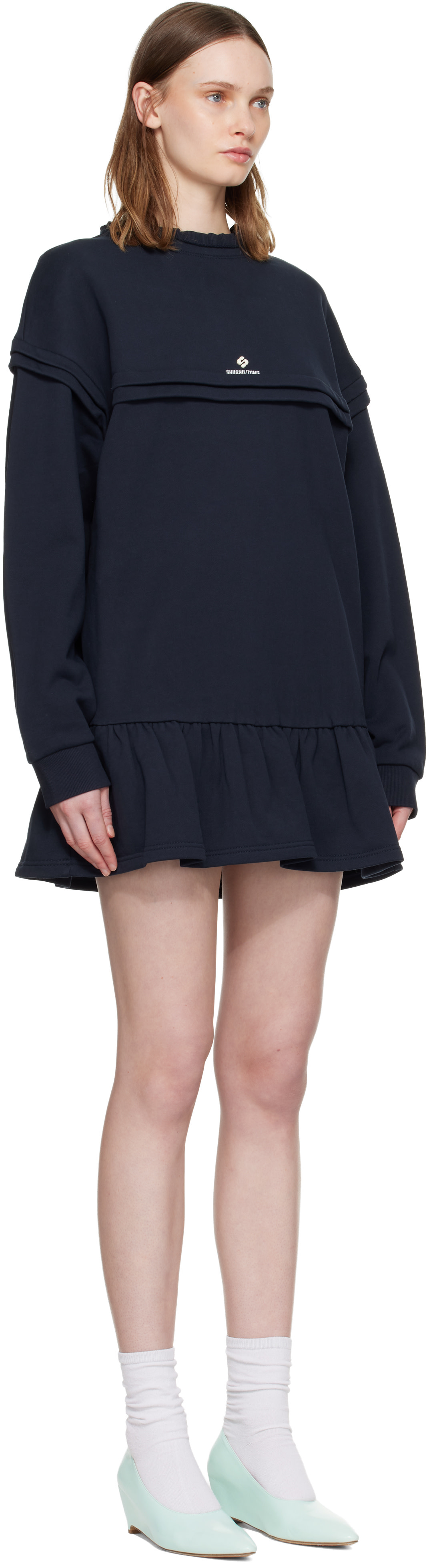 Shushu/Tong: ネイビー Raw-Edge Wave Collar Tuck Detail スウェット