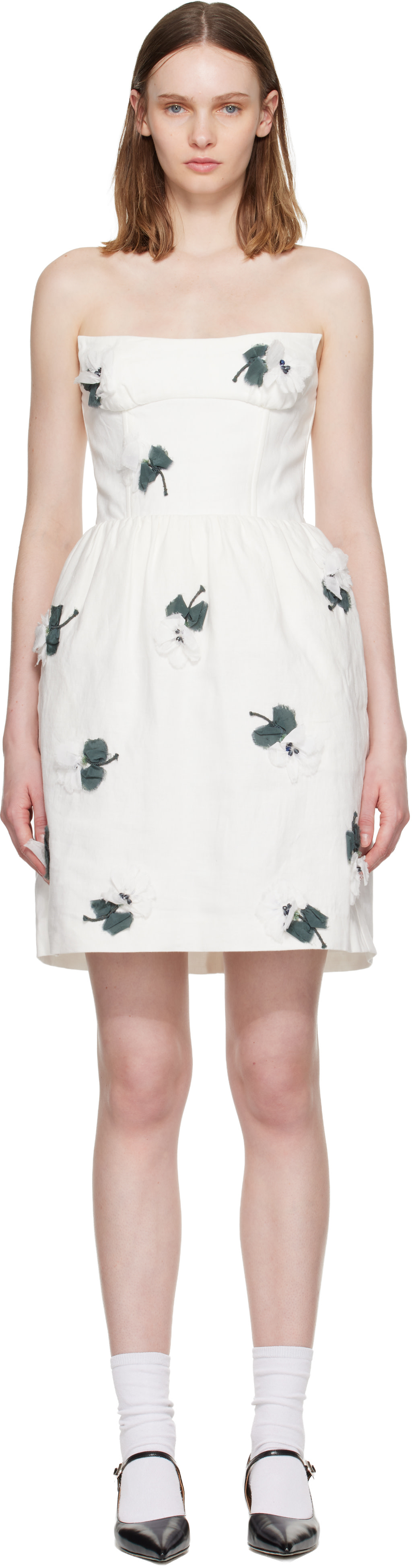 SHUSHU/TONG: White Floral Appliqué Strapless Minidress | SSENSE