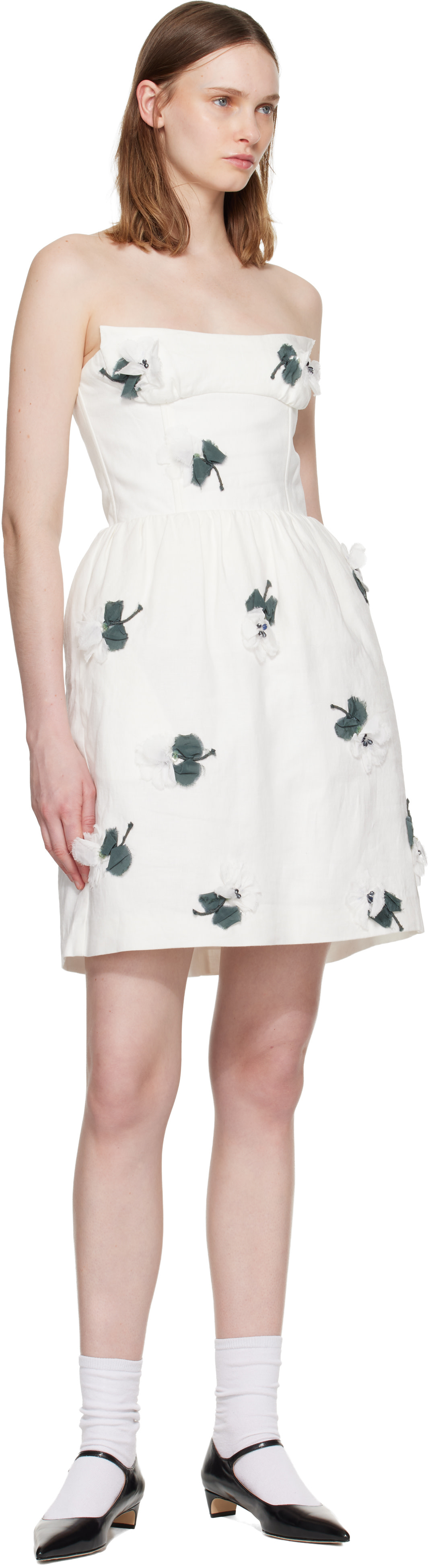 SHUSHU/TONG: White Floral Appliqué Strapless Minidress | SSENSE
