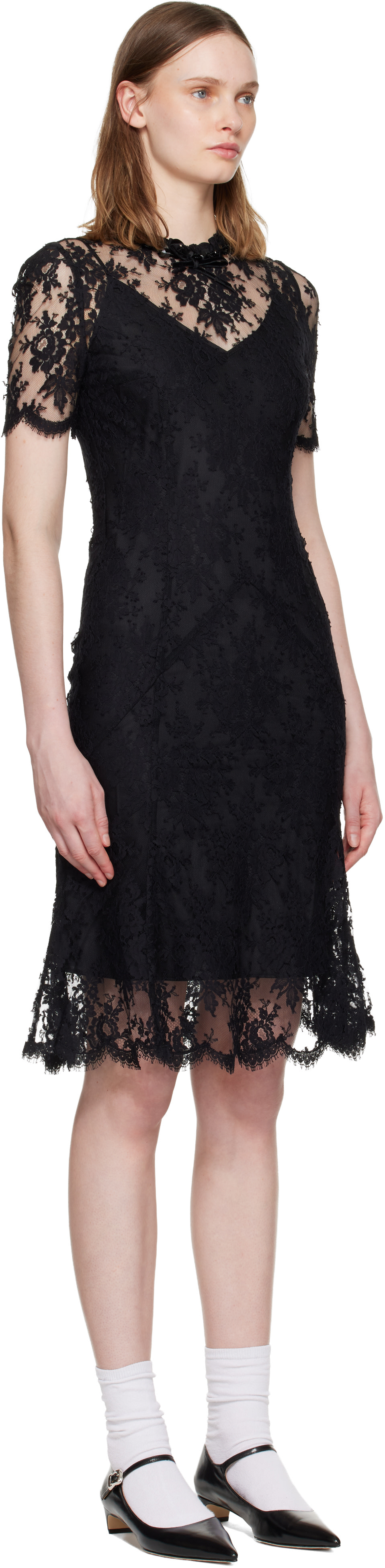 SHUSHU/TONG: Black Beaded Lace Short-Sleeve Midi Dress | SSENSE Canada