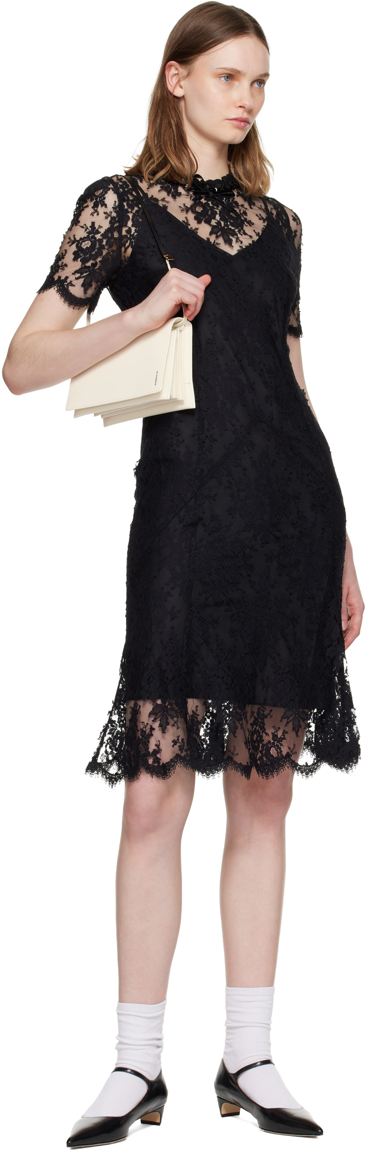 SHUSHU/TONG: Black Beaded Lace Short-Sleeve Midi Dress | SSENSE Canada
