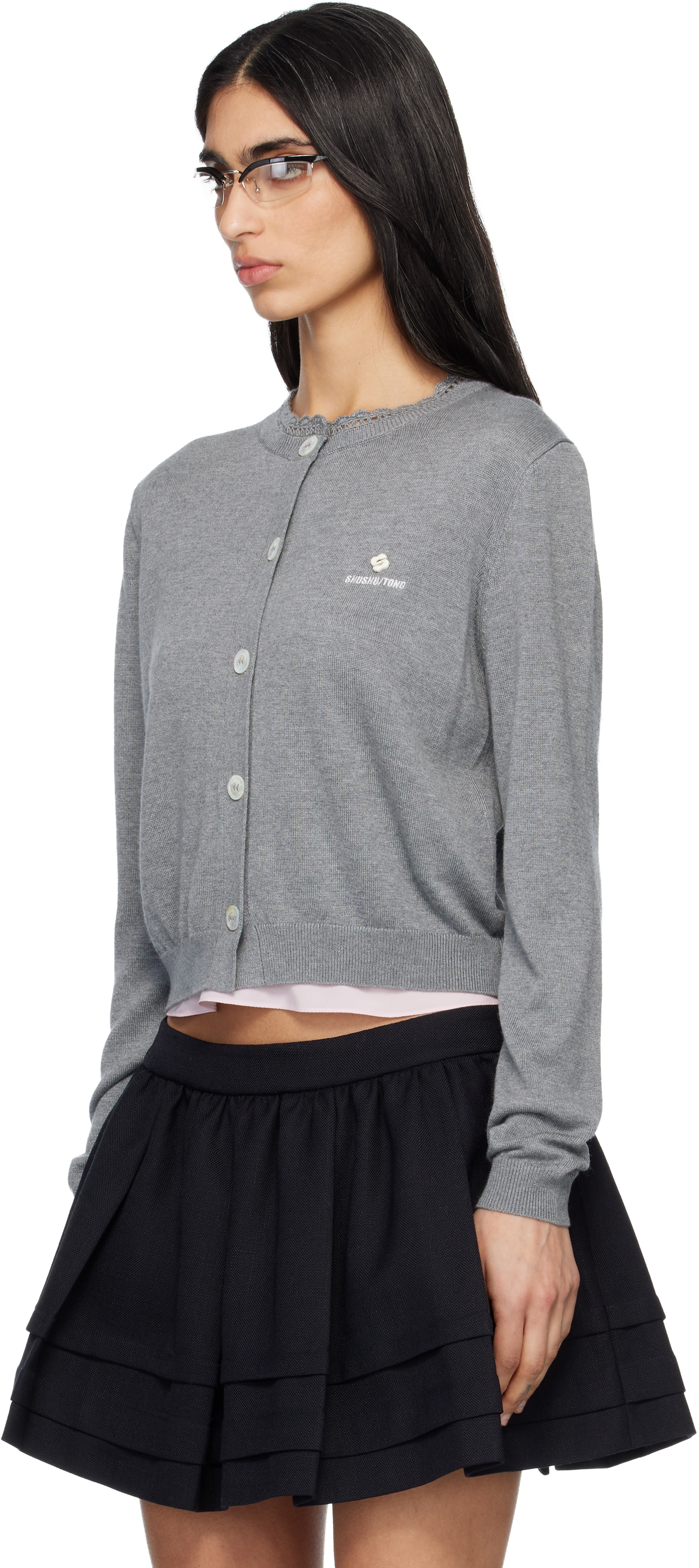 SHUSHU/TONG: Gray Logo-Stitch Knit Cardigan | SSENSE
