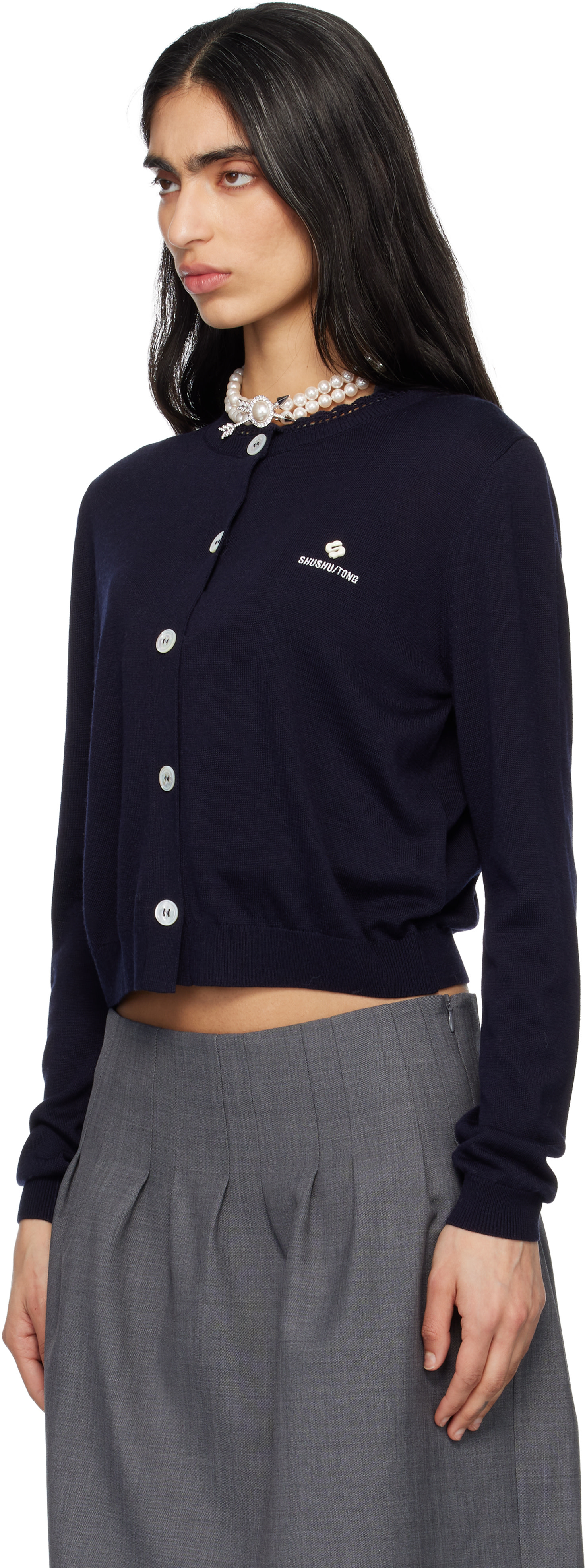 SHUSHU/TONG: Navy Logo-Stitch Knit Cardigan | SSENSE