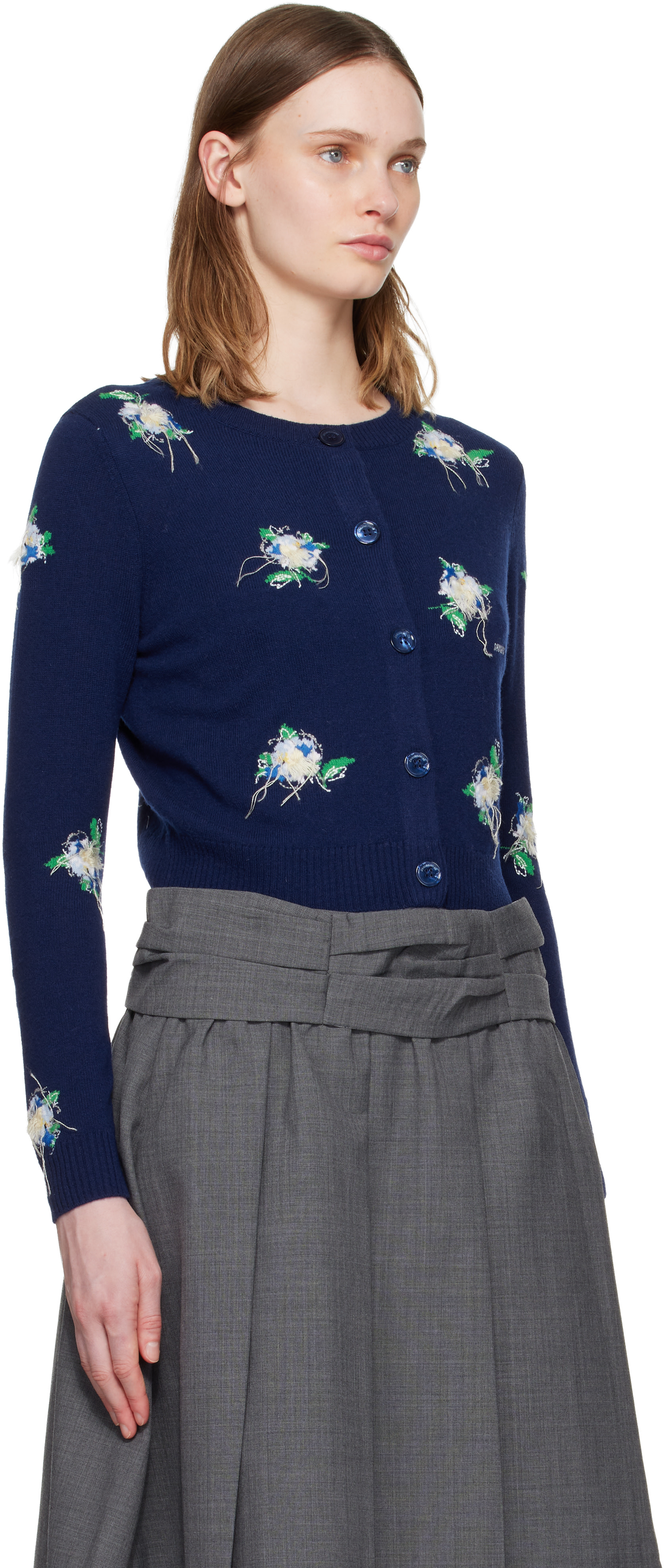 SHUSHU/TONG: Navy Threadwork Knit Cardigan | SSENSE