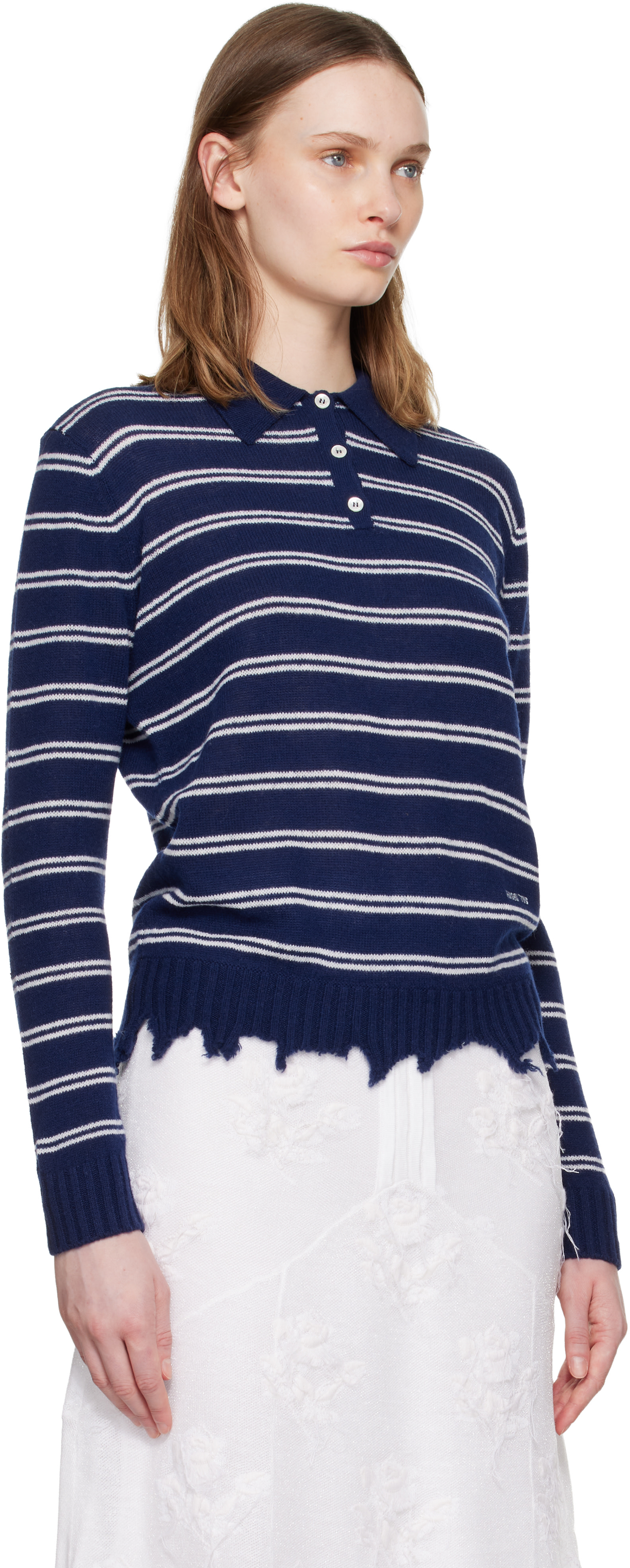 SHUSHU/TONG: Navy & White Striped Long-Sleeve Knit Polo | SSENSE