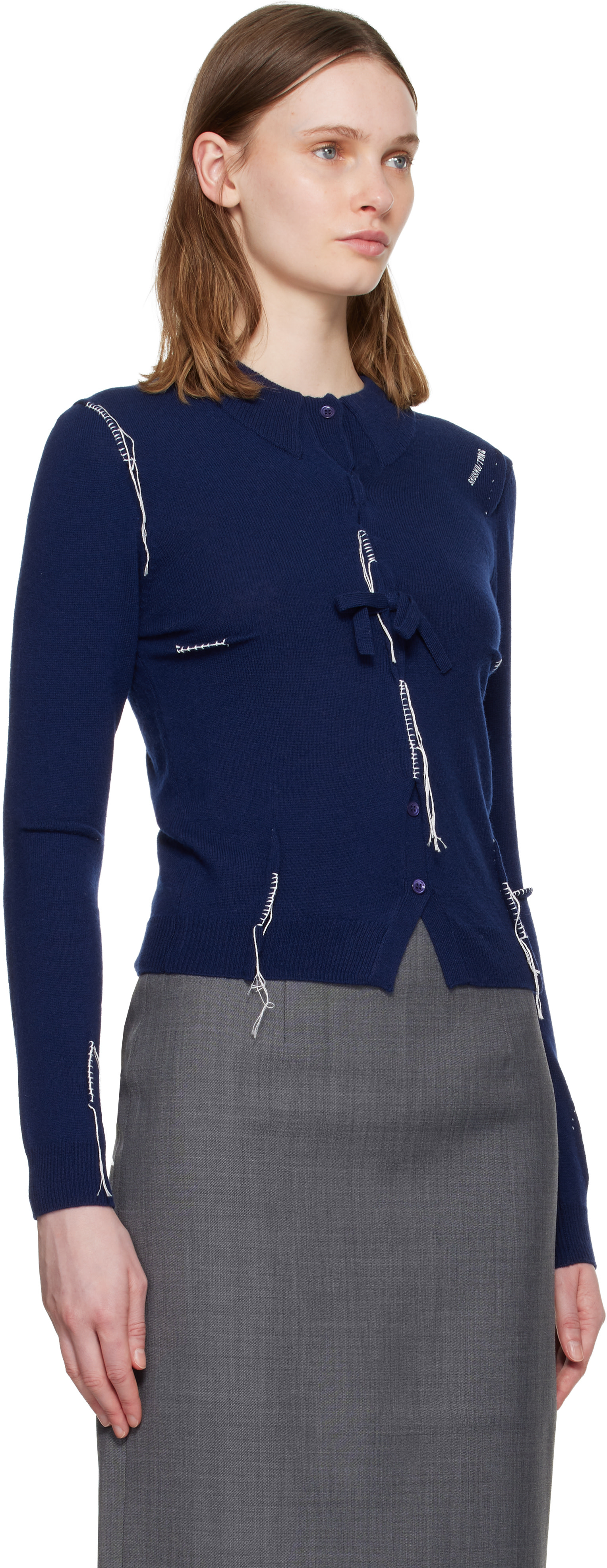 SHUSHU/TONG: Navy Pin-Tuck & Threadwork Knit Sweater | SSENSE