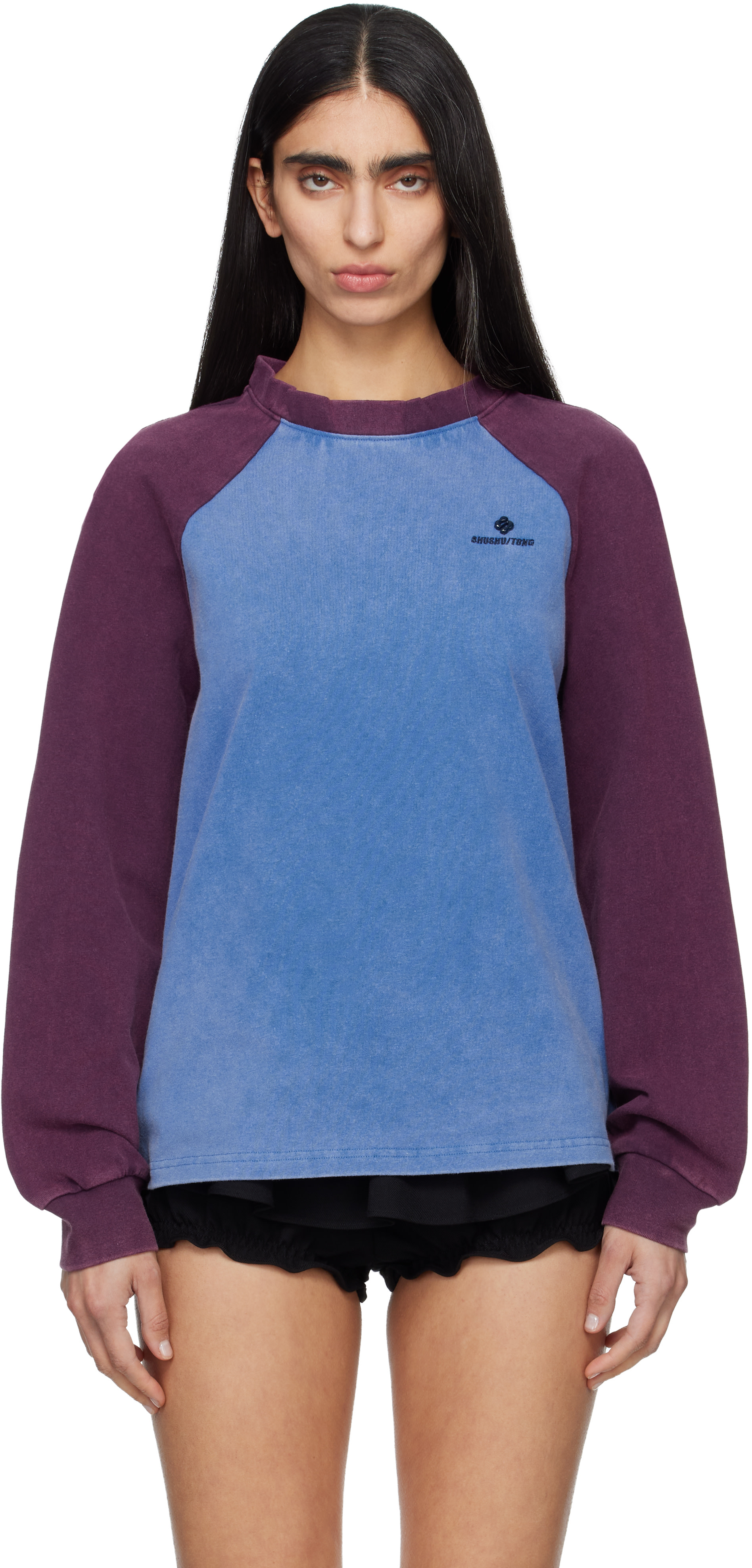 SHUSHU/TONG: Blue & Burgundy Crewneck Long-Sleeve T-shirt | SSENSE