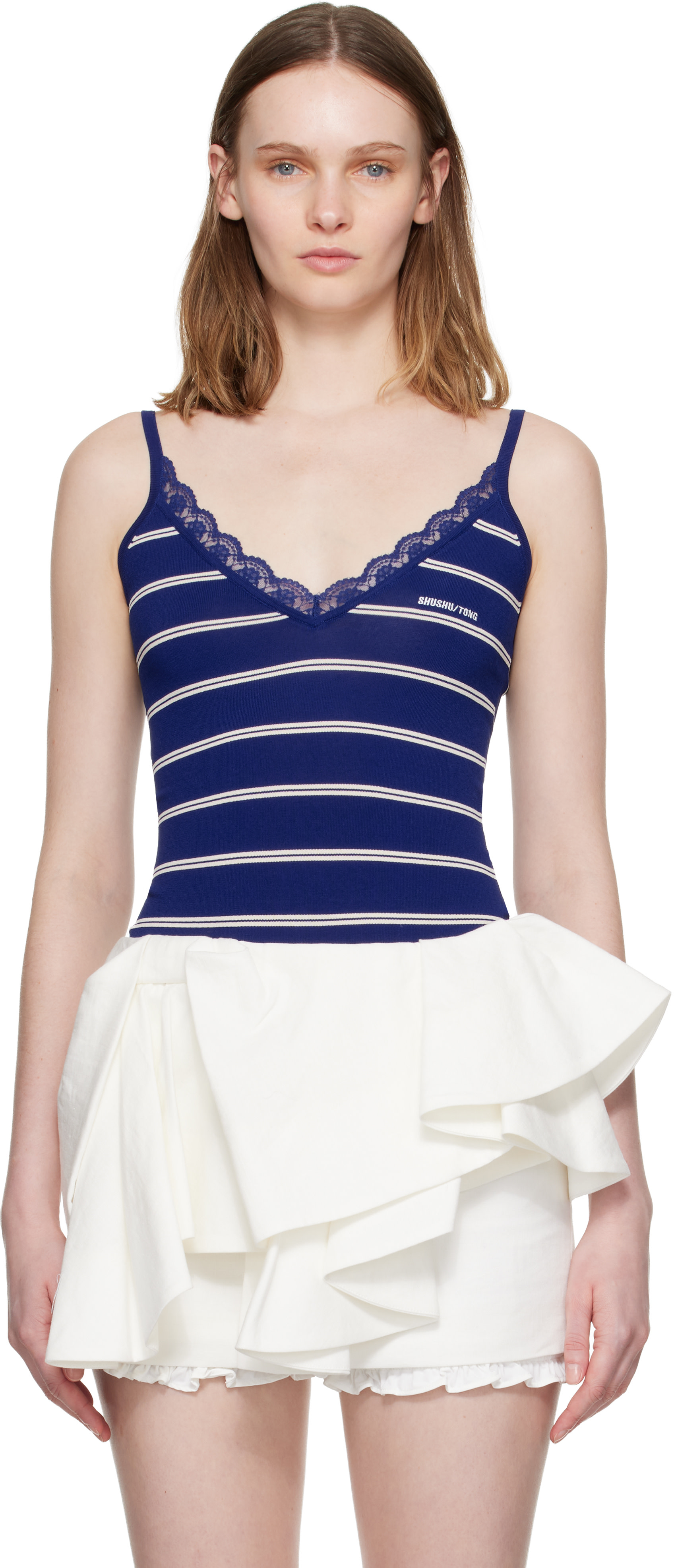 SHUSHU/TONG: Blue Striped Knit Tank Bodysuit | SSENSE