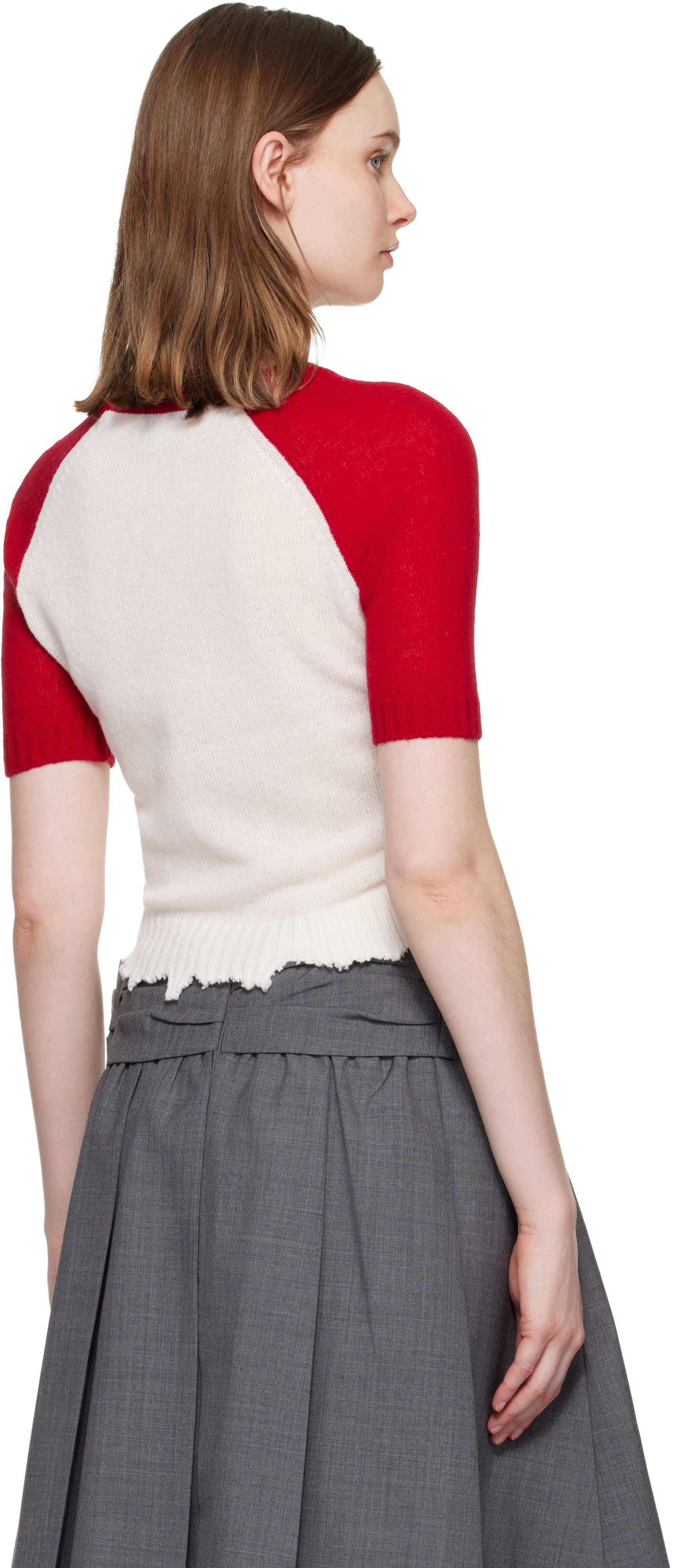 SHUSHU/TONG: White & Red Color-Block Raw-Edge Short-Sleeve Knit