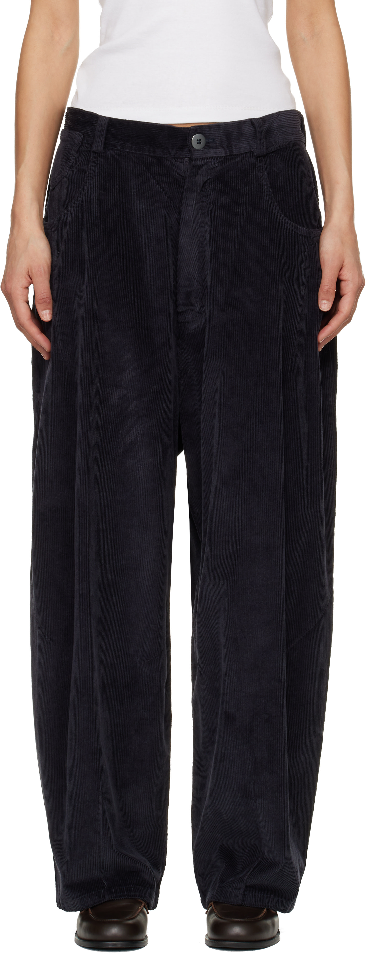 Cordera: Navy Corduroy Baggy Trousers | SSENSE